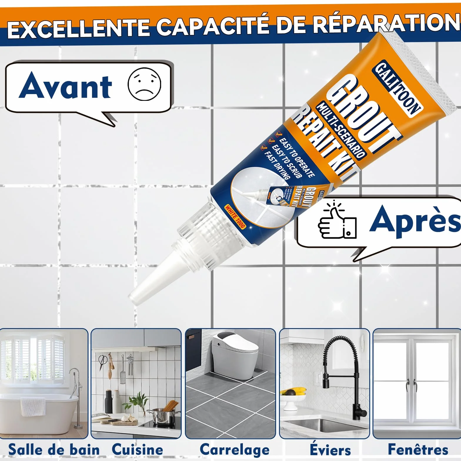 Kit de Réparation de Joints de Carrelage, Lot de 2 Réparations de Joints de Carrelages, Réparation de Joint de Carrelage à Séchage dans la Salle de Bain, Restauration (Gris, 2)