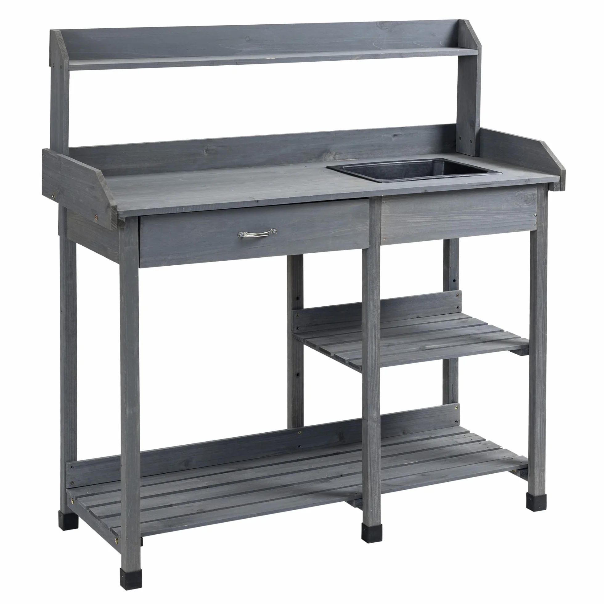 Outsunny Table de rempotage Multi-équipée Jardinage Bois Sapin Gris avec tiroir étagères évier Crochets