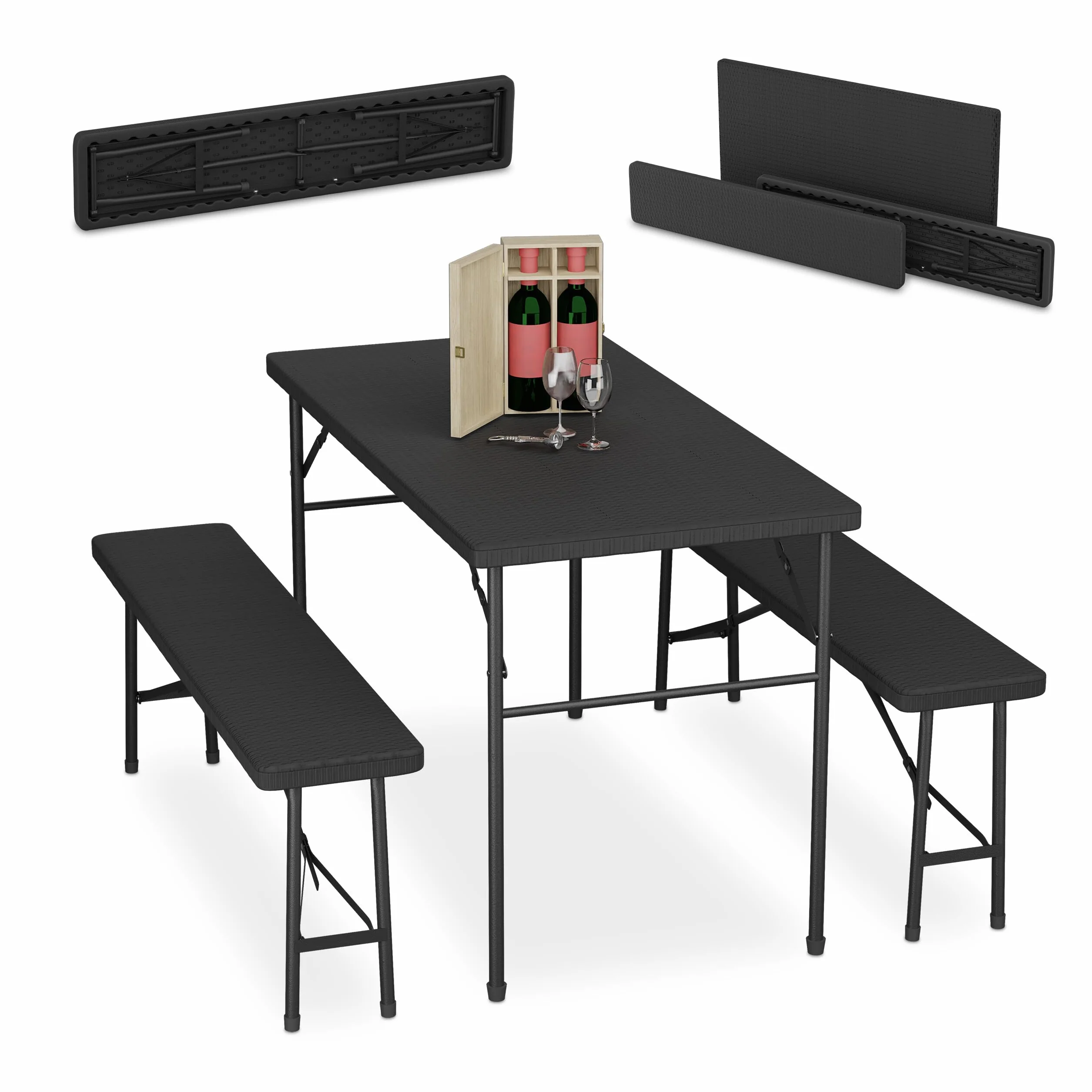 Relaxdays Ensemble Table Pliante et 2 Bancs 120 cm Aspect Rotin Noir