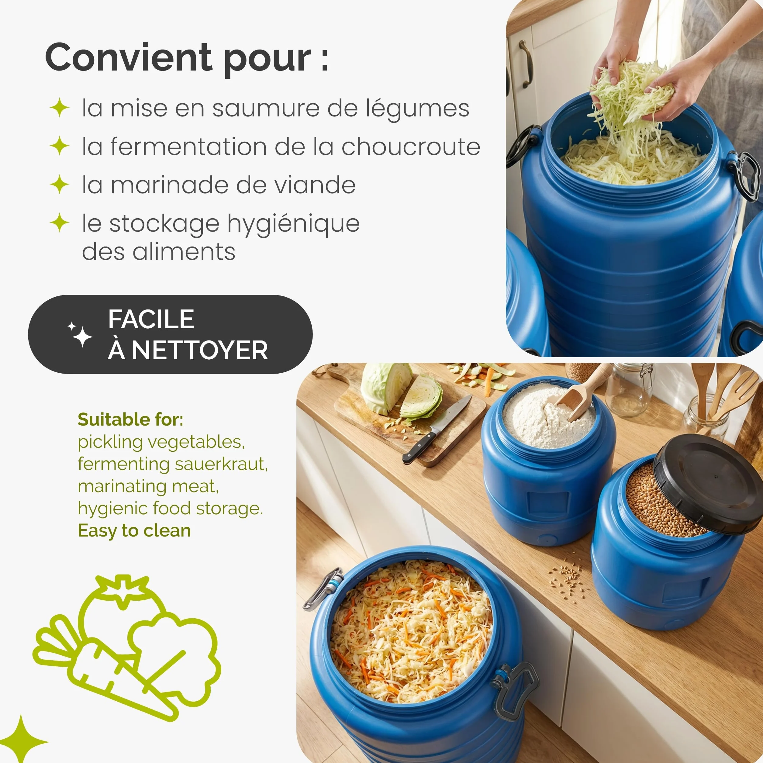 Garronda Fût Alimentaire 60 L Plastique HDPE Tonneau Baril Grande Ouverture Bleu