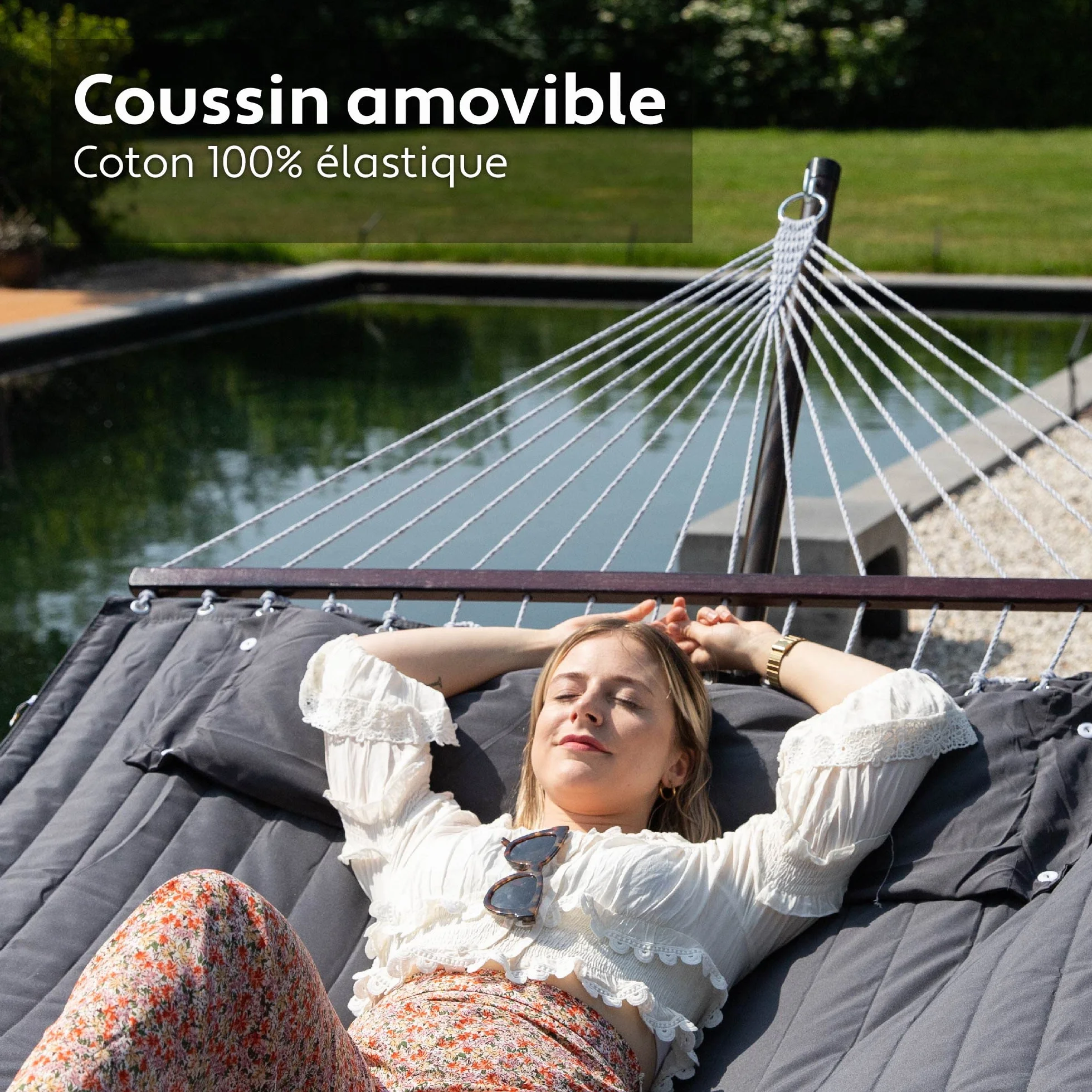 Hamac sur Pied 2 Places avec Coussin, Double Portable, Support Acier, Charge 200 Kg, Hauteur Réglable