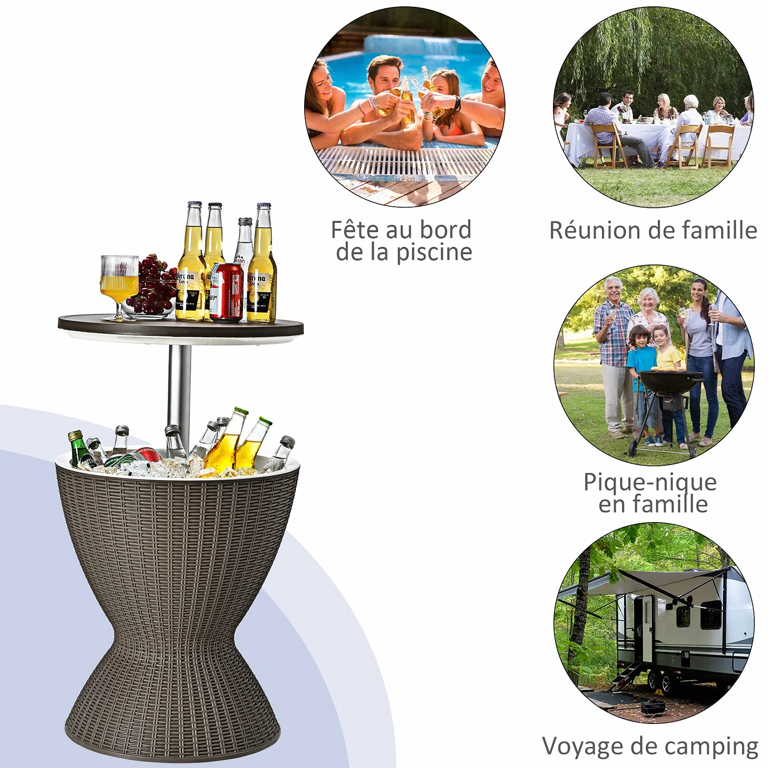 COSTWAY Table Glacière 30L 2 en 1 avec Plateau Relevable, Seau à Glace Imitation Rotin, Ø 43 x 57,5/82 cm Brun