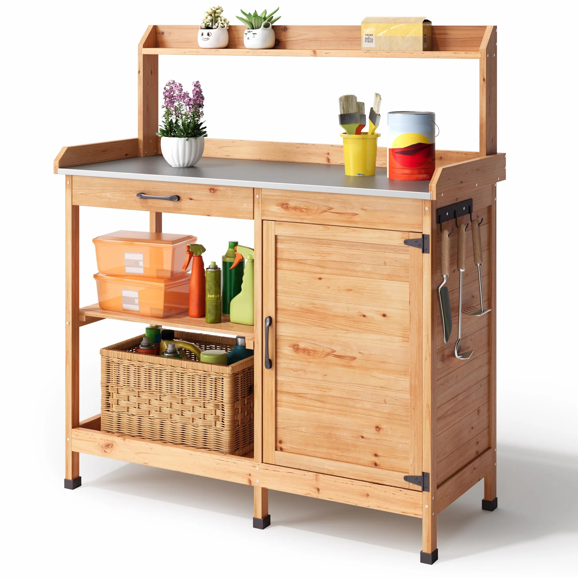 Table de Jardinage en Bois avec Plan de Travail Galvanisé 112x46x125 cm Naturel