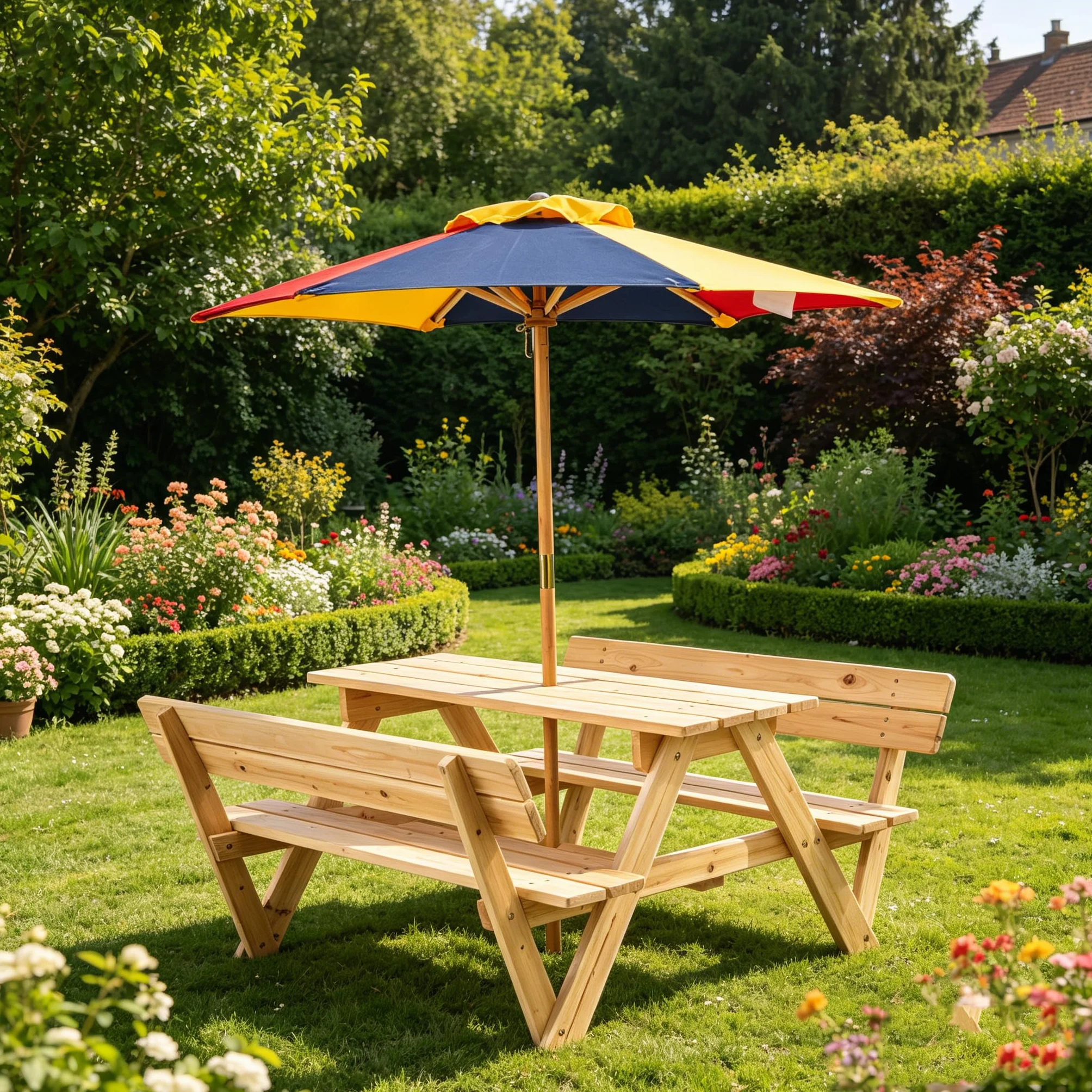 LIFEZEAL Ensemble Table Pique-Nique Enfants 3-8 Ans avec Parasol Amovible, Table et 2 Bancs Intégrés Bois Jardin