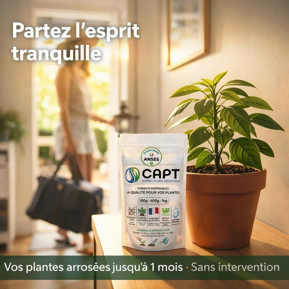 CAPT® Hydro-Rétenteur d'Eau pour Plantes - Billes Réserve d'Eau, Arrosage Automatique Vacances (400g) - Gel Rétention d'Eau, Fabrication Française Homologuée ANSES