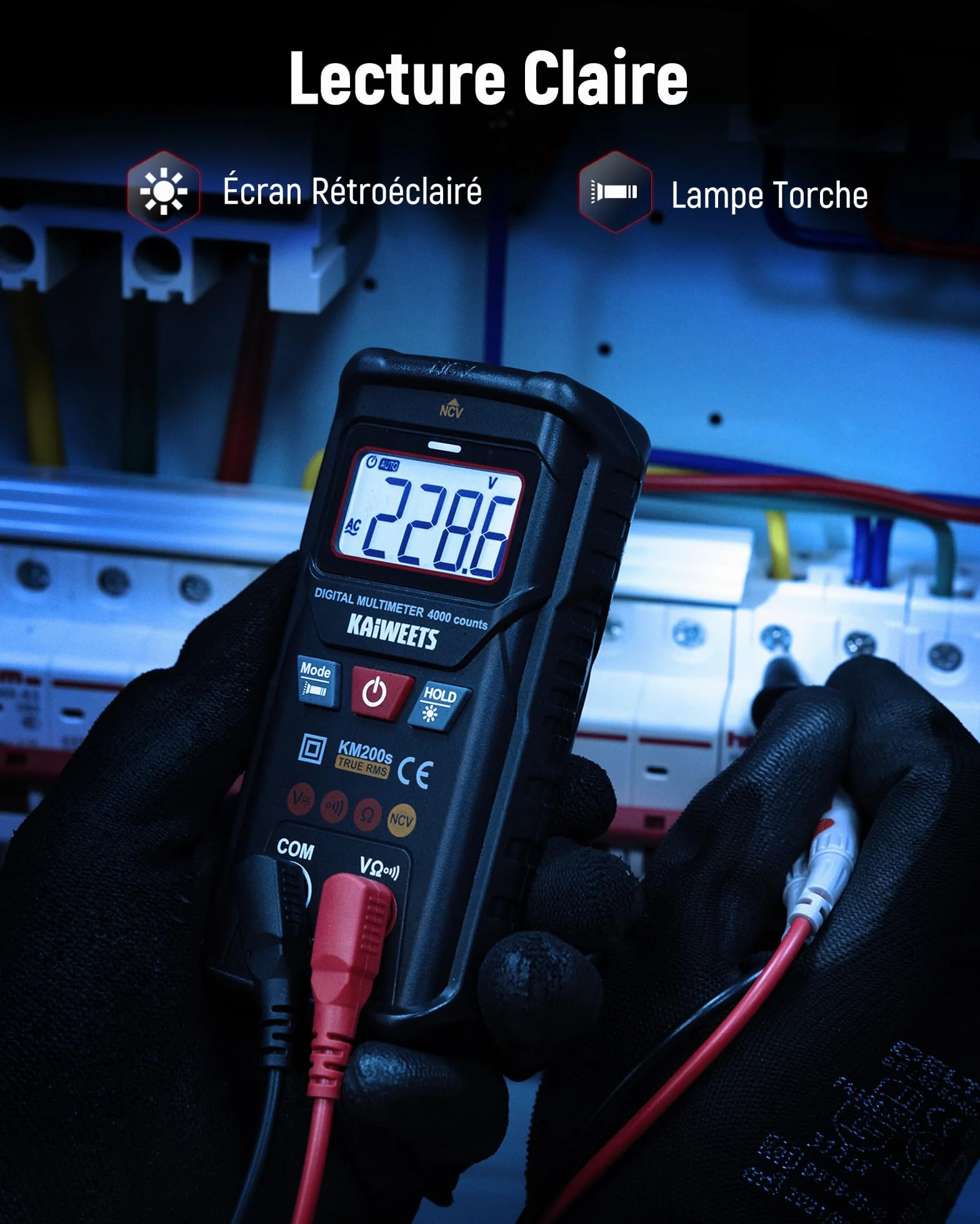 KAIWEETS Multimètre Numérique KM200s True RMS, 4000 Comptes, Voltmètre Intelligent, Détecteur de Tension sans Contact, Sélection Automatique, Mesure Tension AC/DC, Résistance, Testeur de Continuité