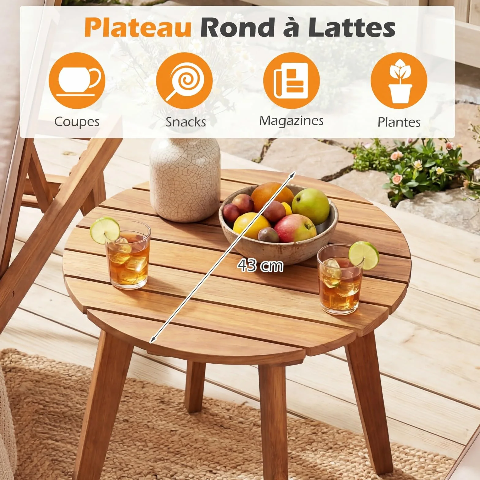 COSTWAY Table d'Appoint Extérieure en Bois d'Acacia, Table Bistro de Jardin Ronde 43 x 75 cm