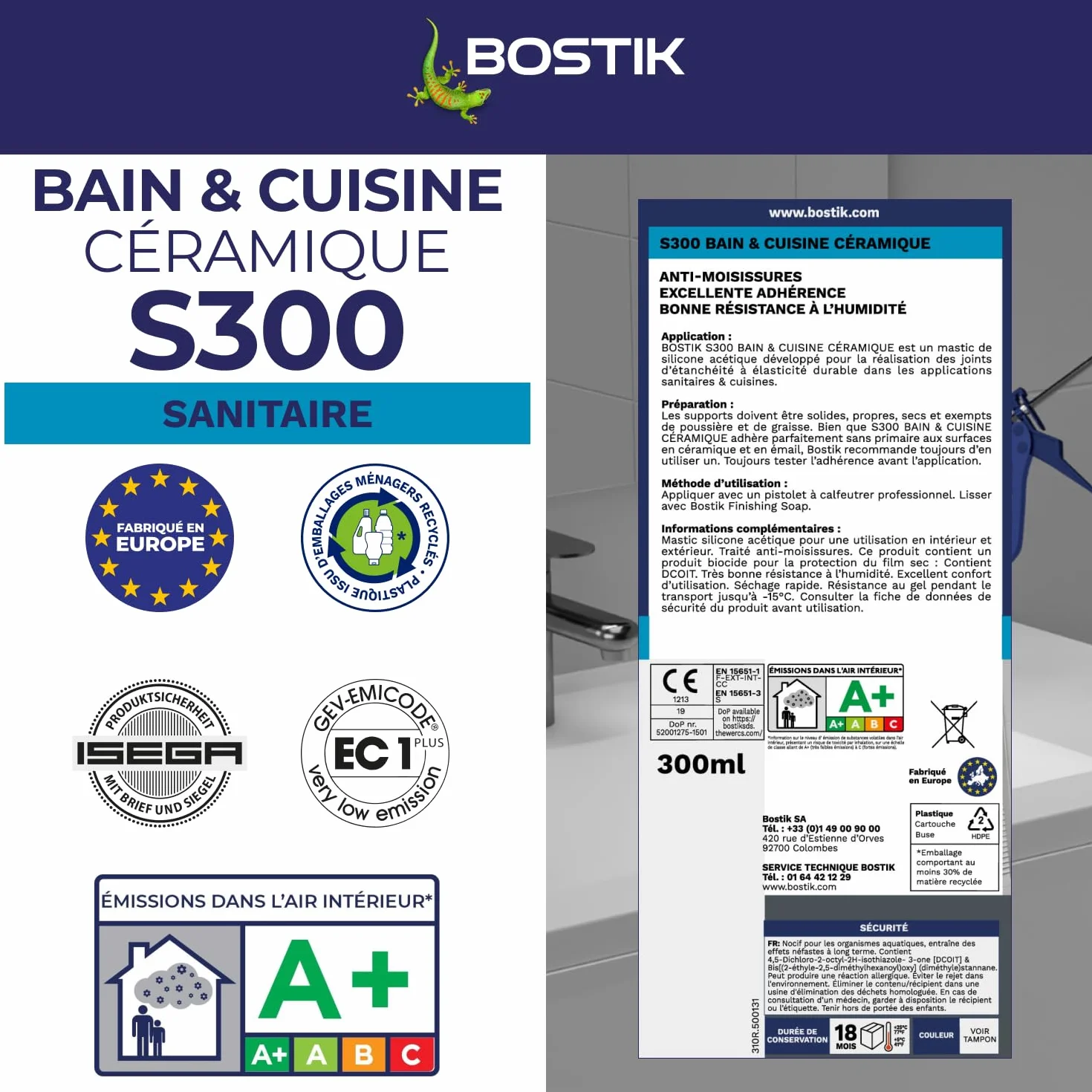 Bostik S300 – Mastic Silicone Etanchéité Bain et Cuisine – Traité Anti Moisissure – Facile à Lisser – Résiste aux Produits d'Entretien – Blanc – Cartouche de 300 ml