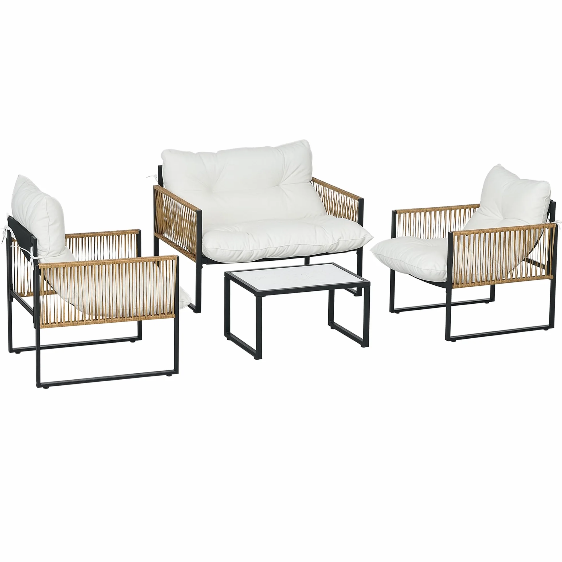 Salon de Jardin extérieur 4 pièces Outsunny canapé 2 places 2 fauteuils table basse plateau verre trempé acier résine tressée crème