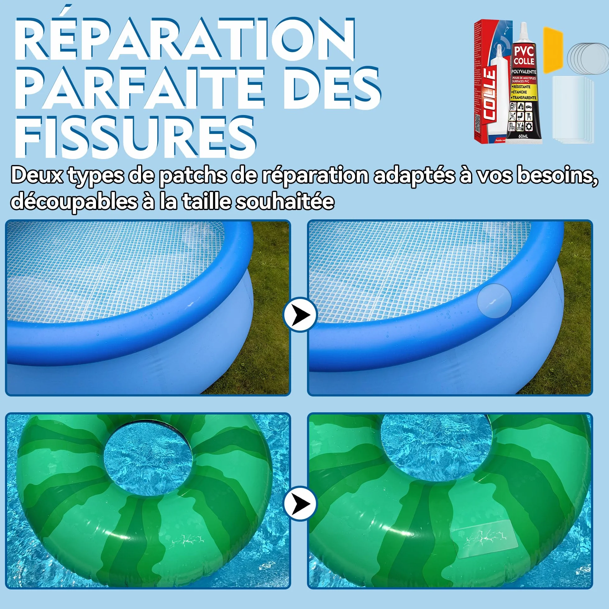 Kit Réparation Piscine Liner, Colle PVC Étanche pour Bouées Matelas Gonflables