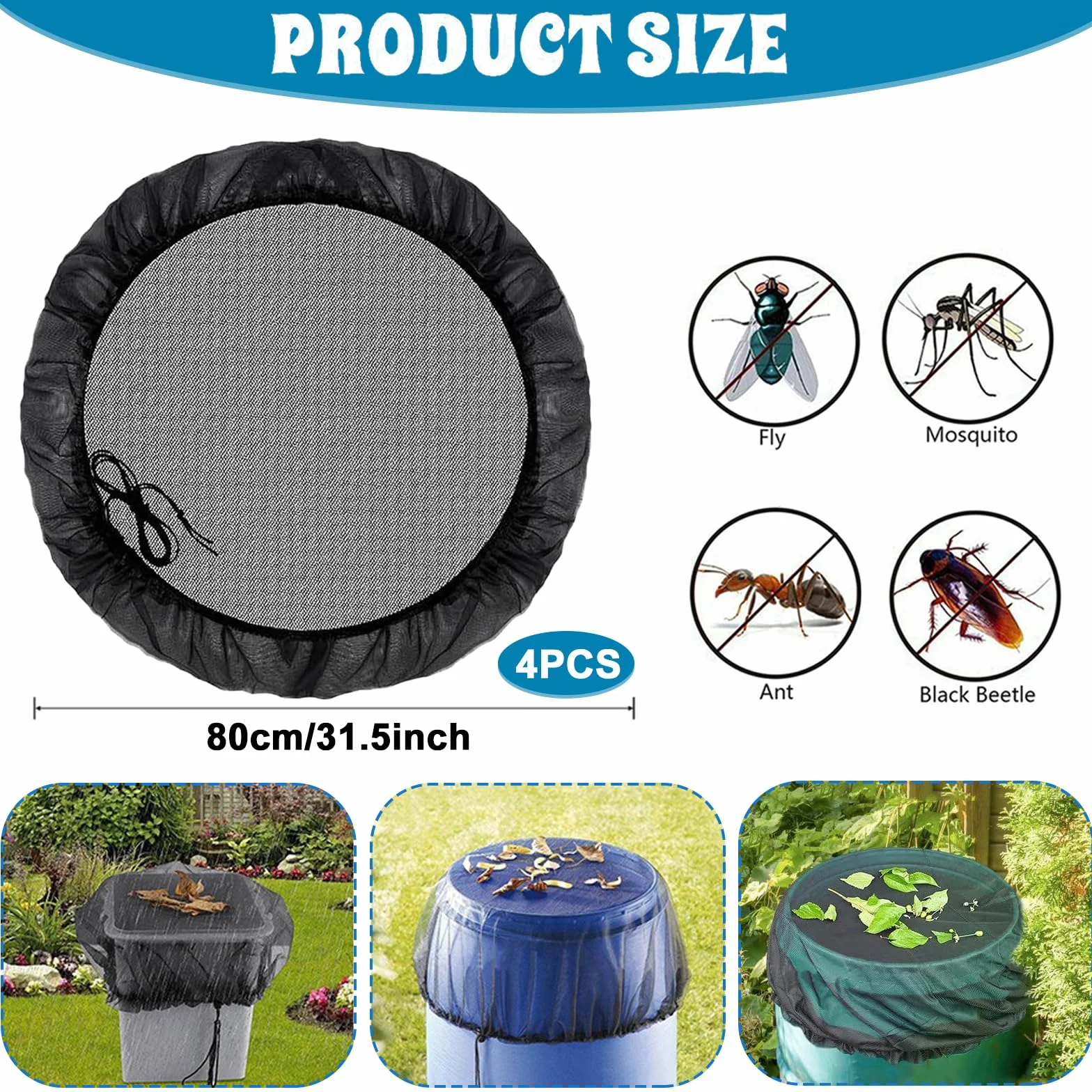Filet pour Citerne de Pluie 80 cm, Housse avec Cordon de Serrage, Protection Moustiques et Feuilles