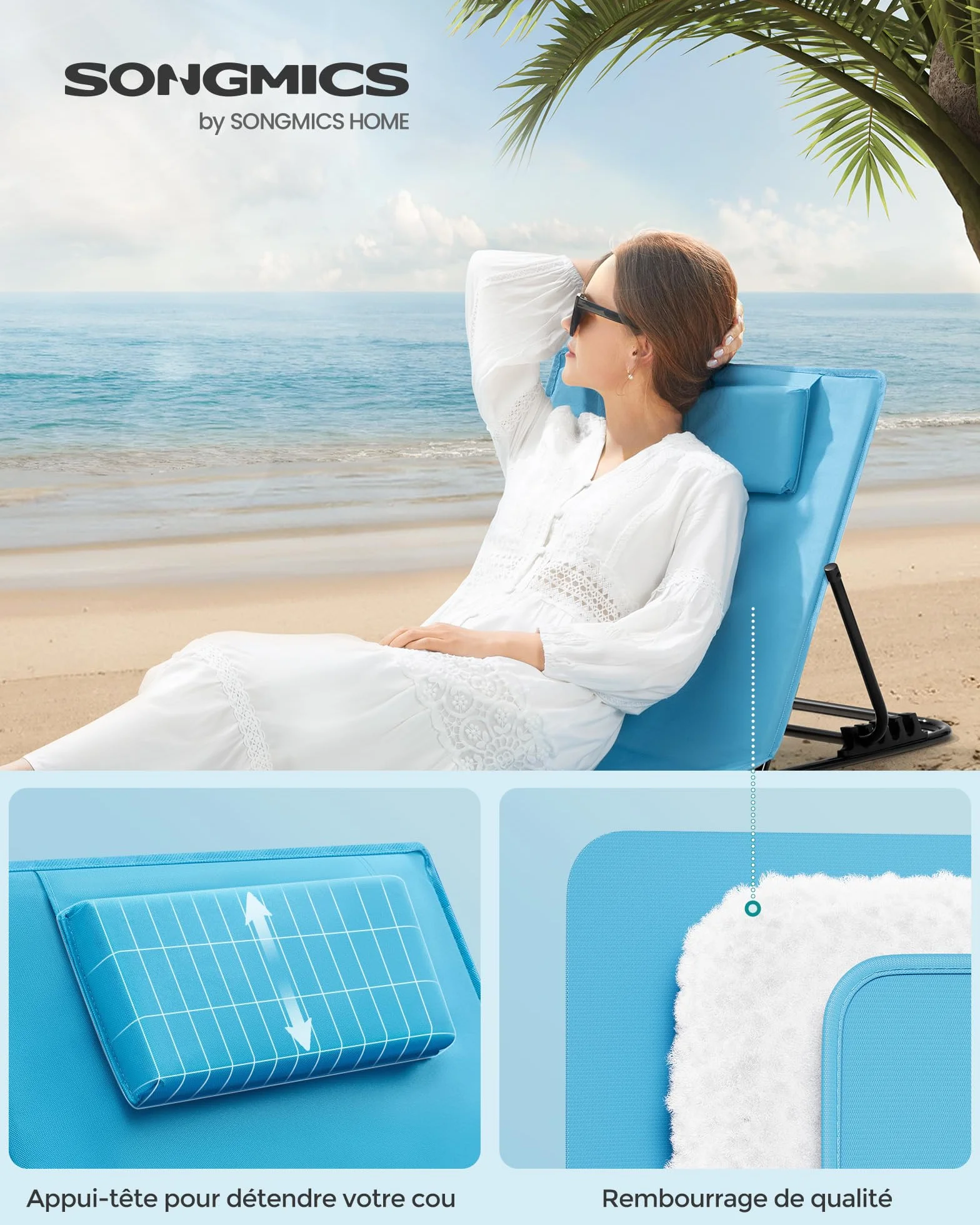 SONGMICS Chaise Longue Transat de Plage 158x55 cm Bleu Ciel Dossier Inclinable Appui-tête Portable