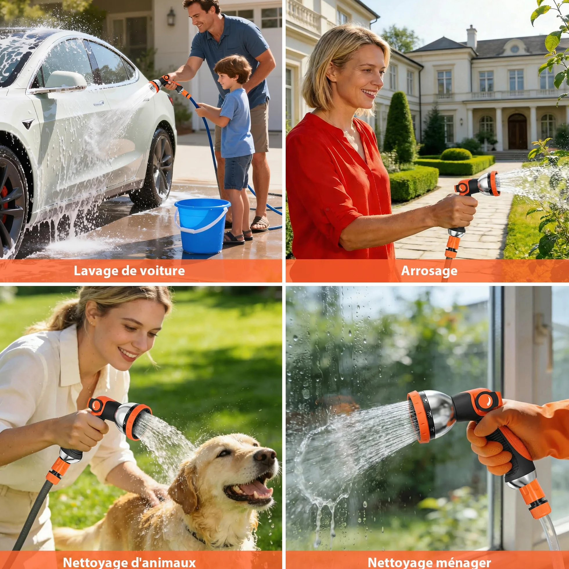 Pistolet Arrosage Jardin 10 Modèles Réglables Pulvérisateur Multifonctionnel Orange