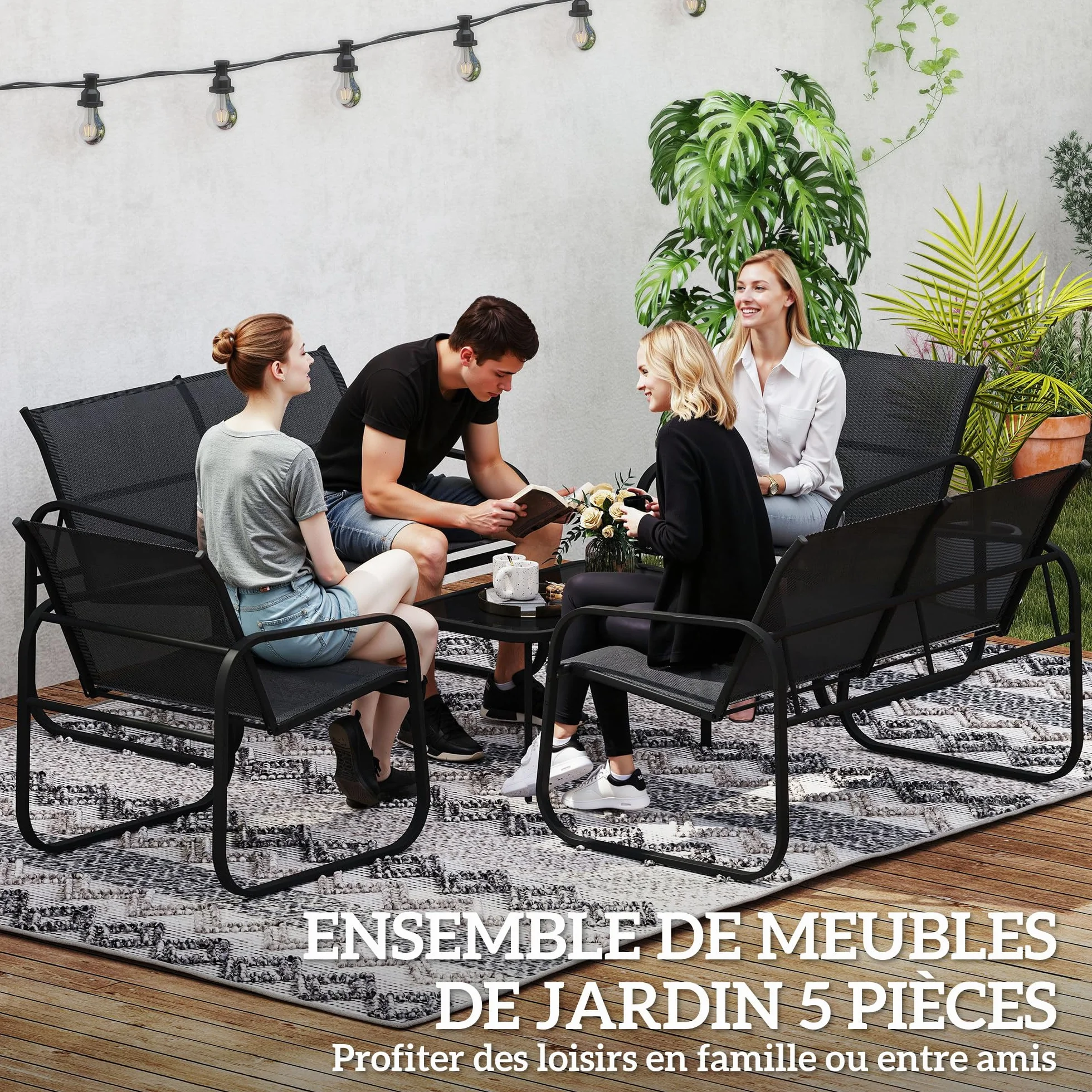 Outsunny Salon de Jardin 5 pièces Acier textilène 2 fauteuils canapés Table Basse Verre trempé Gris