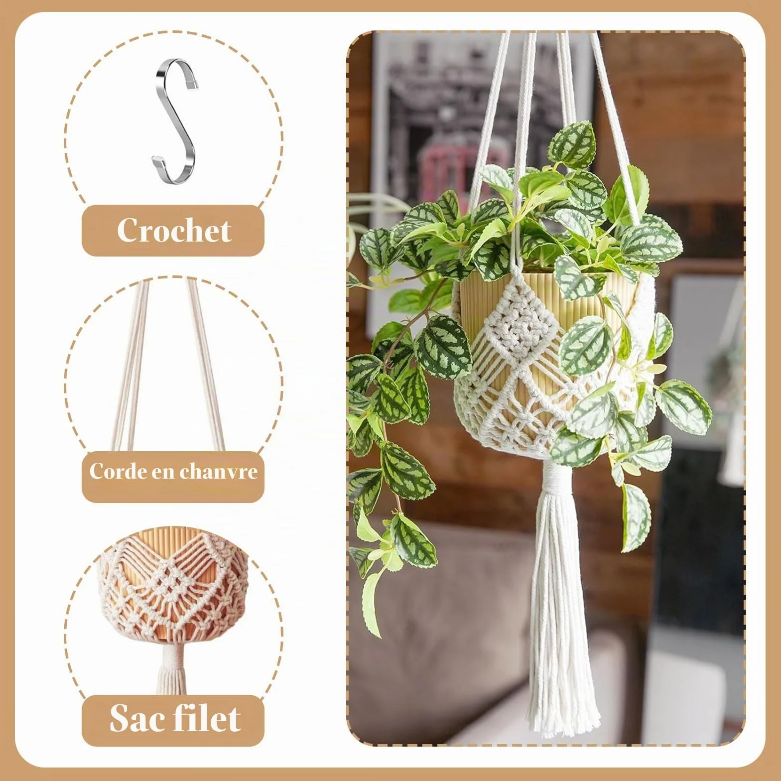 Suspensions Macramé pour Plantes Lot de 2, Supports Boho Intérieur Extérieur, Jusqu'à 20 cm