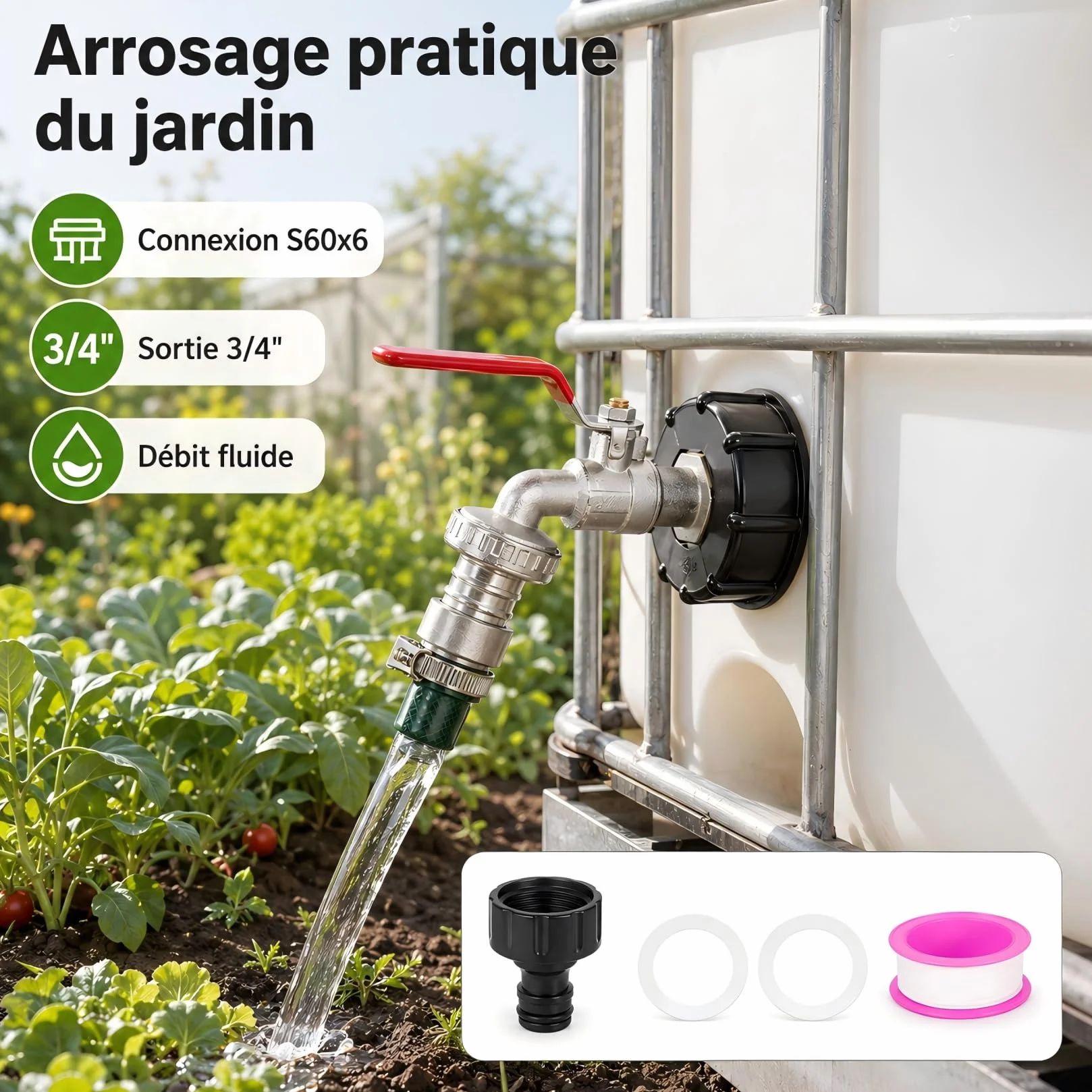 Robinet Cuve 1000L Adaptateur 3/4" Raccord Réservoir Alliage Aluminium Jardin Laiton S60X6 IBC Arrosage Extérieur