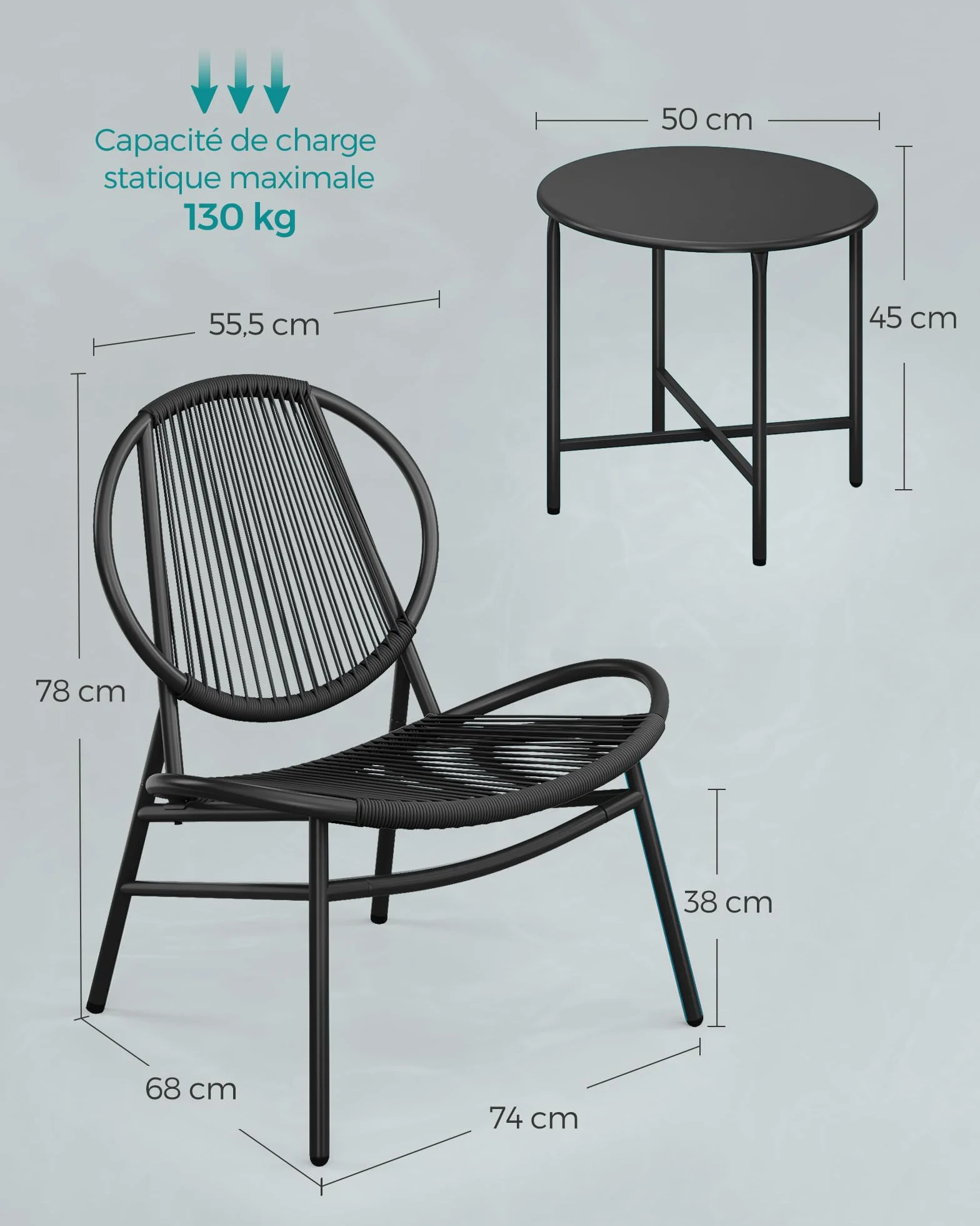 SONGMICS Ensemble Salon de Jardin 3 Pièces Chaises Acapulco Table d Appoint 2 Chaises Noir d'encre