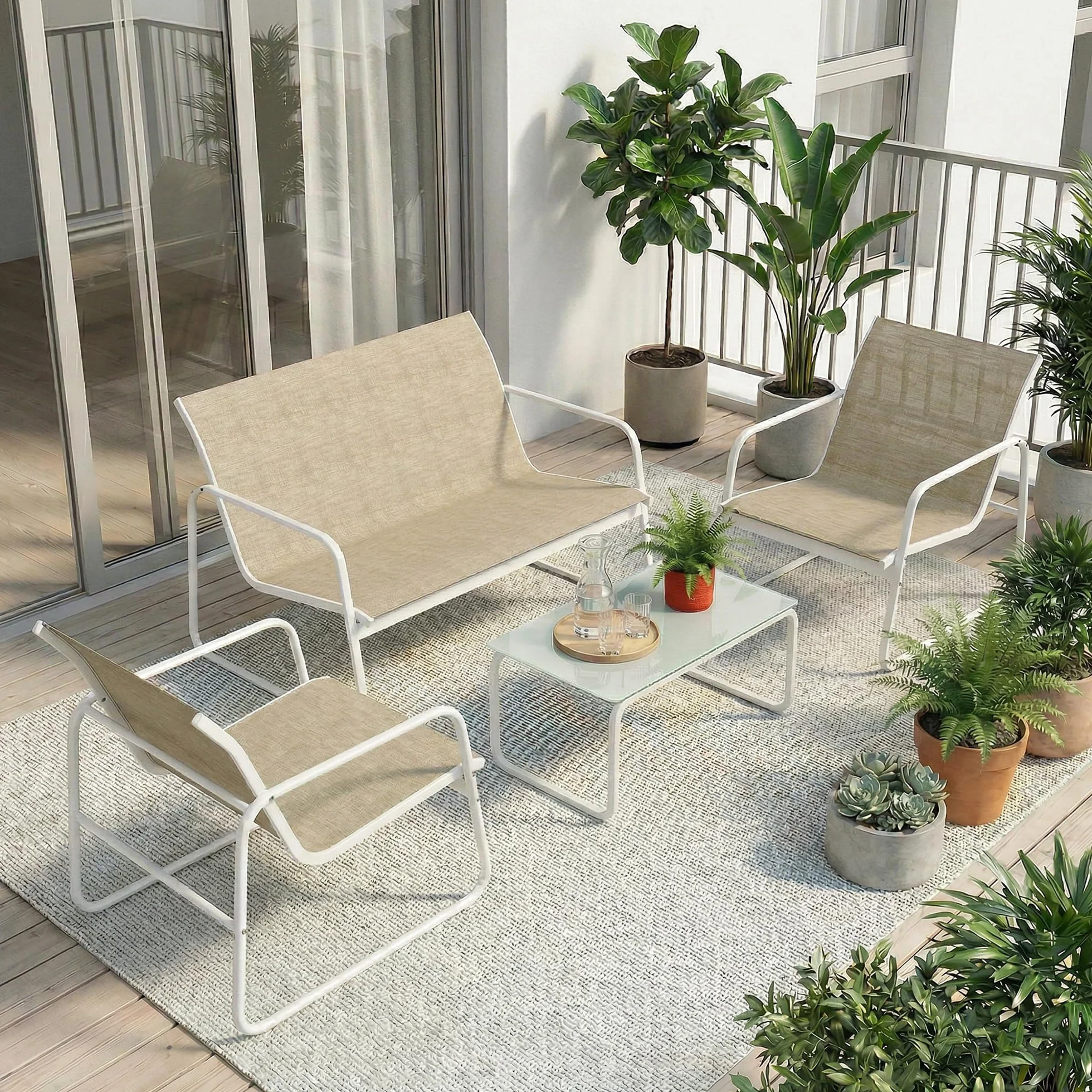 Outsunny Salon de Jardin 4 pièces avec canapé, fauteuils et table basse, Plateau en Verre trempé, Pieds réglables, Kaki et Blanc