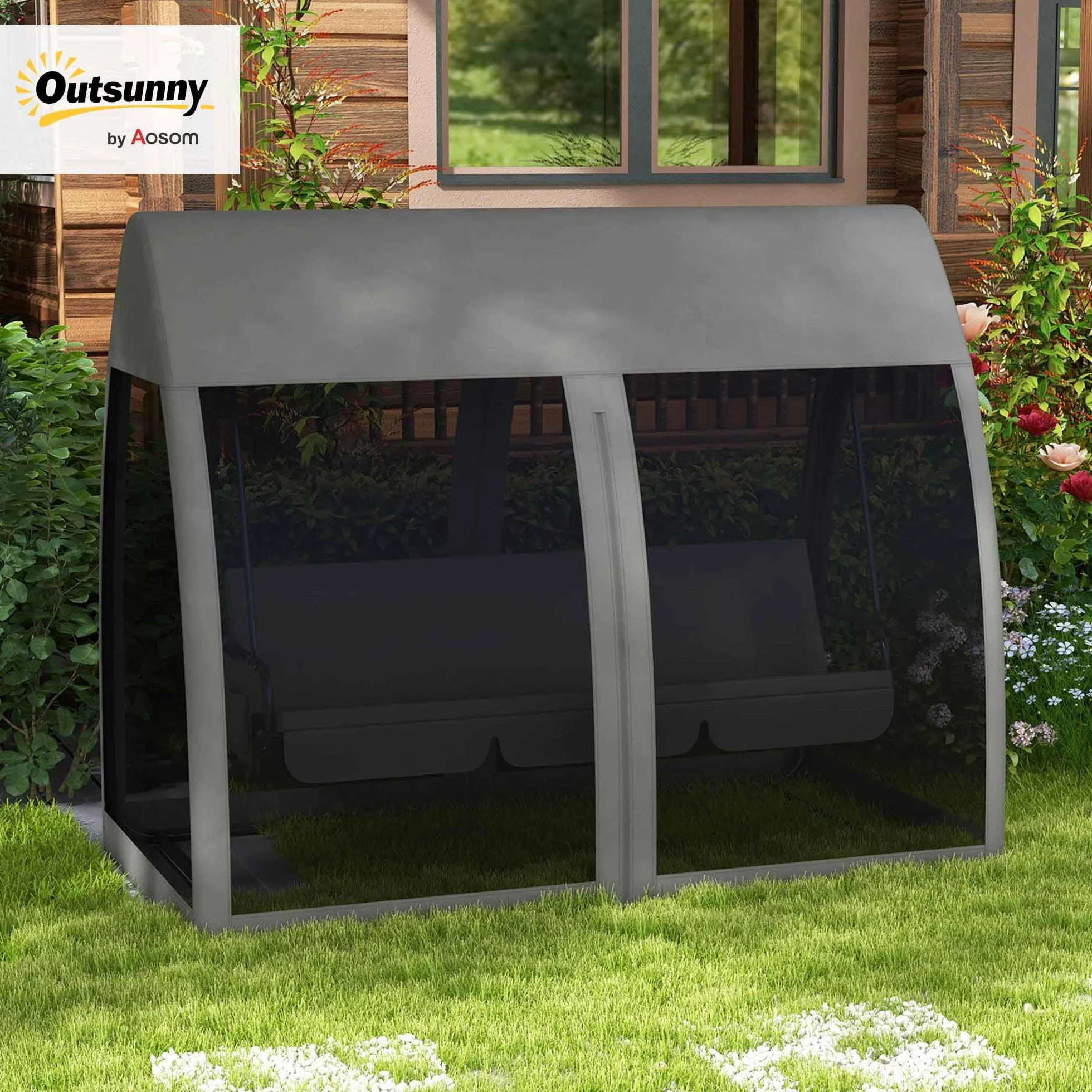 Outsunny Balancelle de Jardin Convertible 3 Places avec Auvent et Coussins, Gris