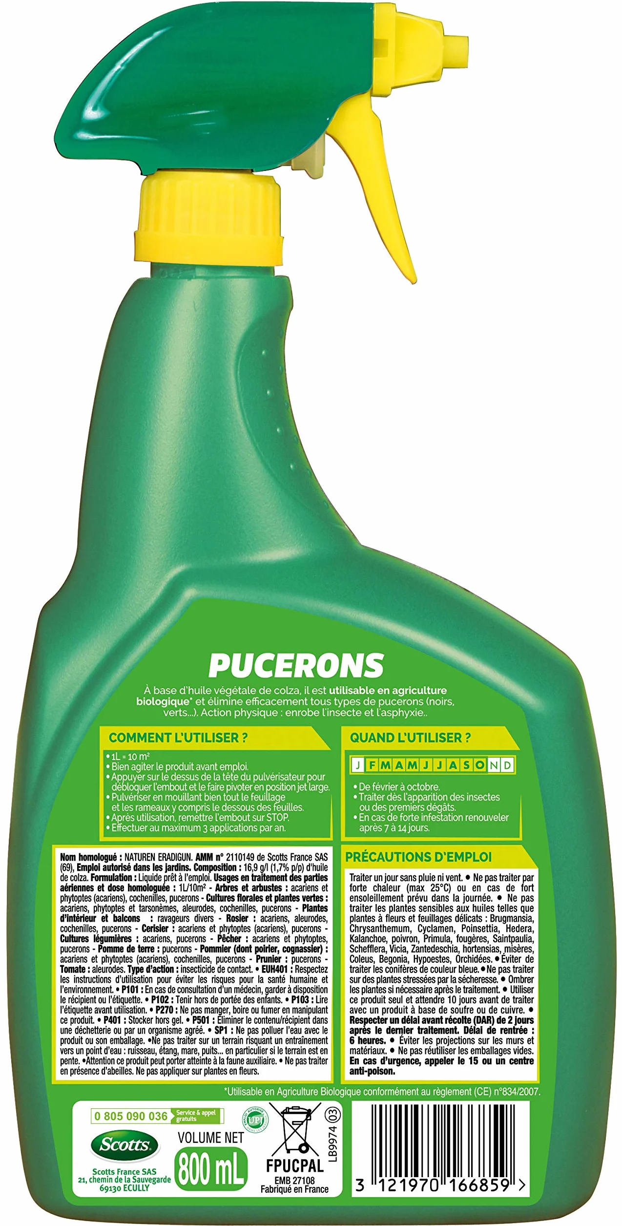 FERTILIGÈNE Insecticide Pucerons Prêt à l'Emploi 800ml Huile de Colza
