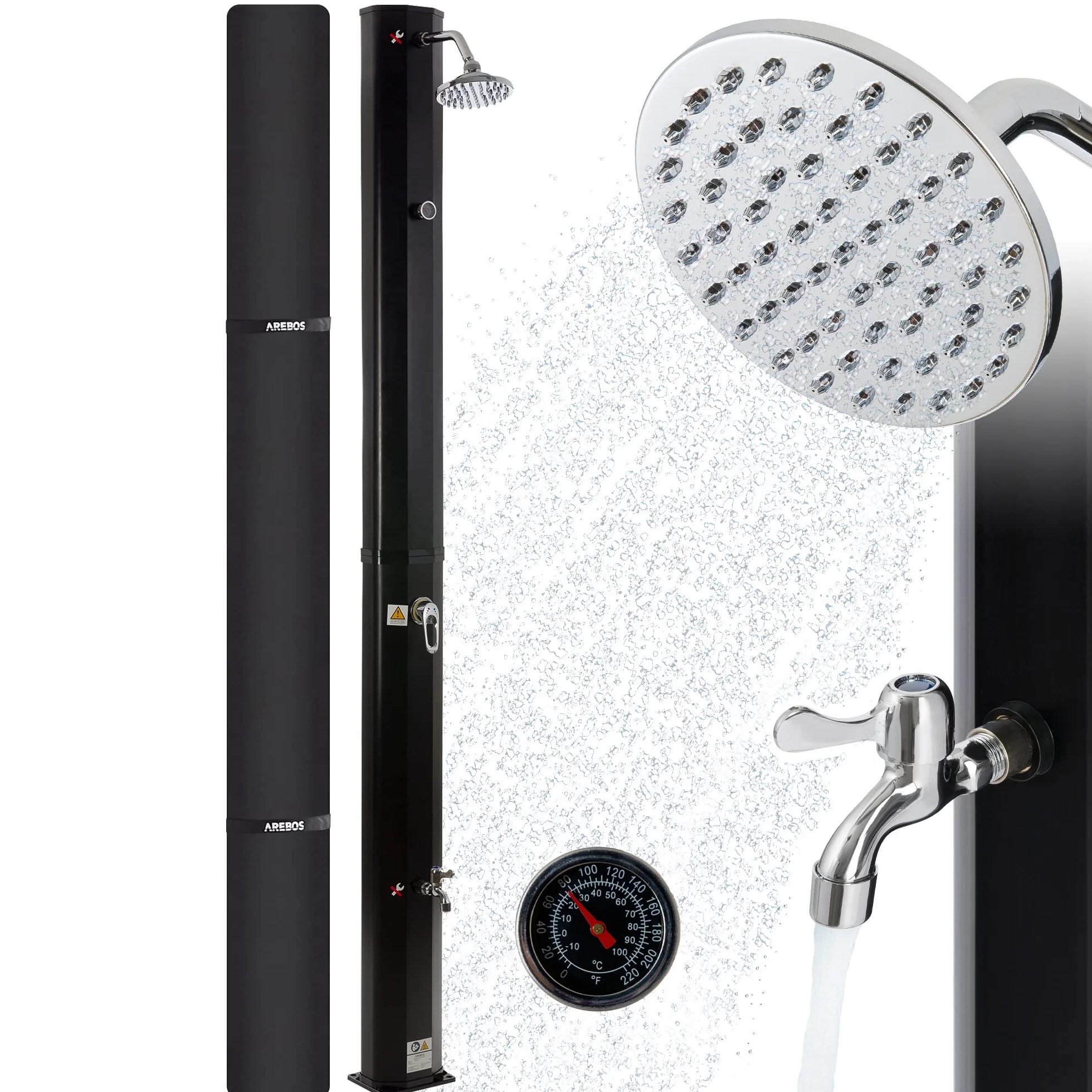 AREBOS Douche Solaire 35 litres 216cm avec thermomètre intégré Noir