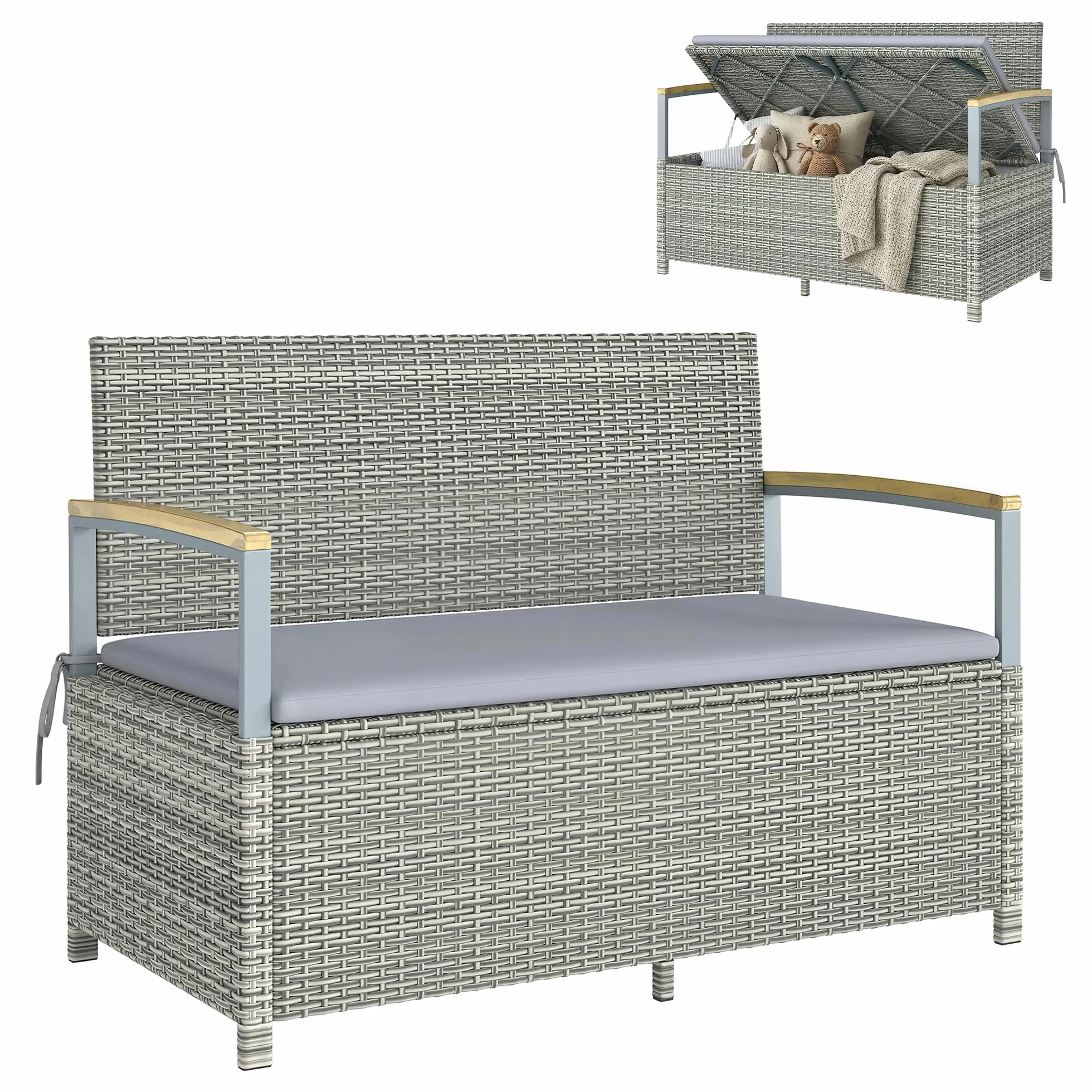 Banc de Jardin avec Coffre de Rangement 170L Outsunny Banquette 2 Places Résine Tressée Coussin Déhoussable Accoudoirs Bois d'Acacia Vérin à Gaz Gris