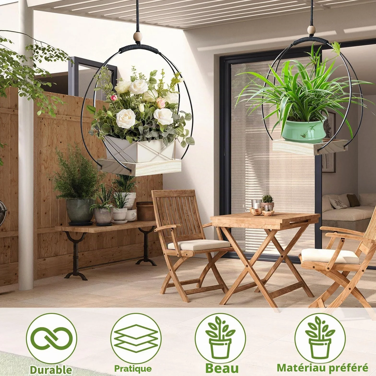 Suspension Plante Intérieure Macramé, Pot Suspendu avec Anneau Métal et Base Bois, Crochet Inclus