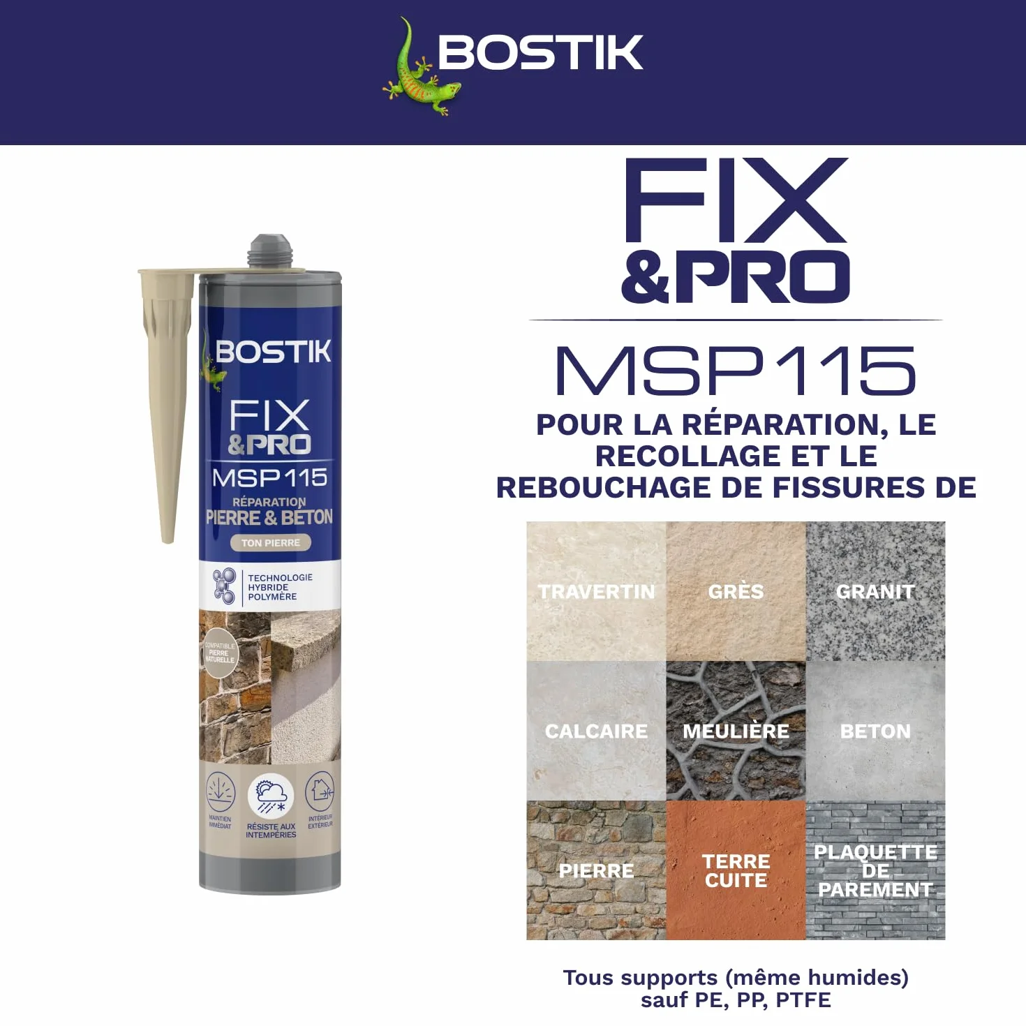 Bostik FIX&PRO MSP 115 – Ton Pierre – Mastic Colle et Joint Pierre Et Beton – Intérieur/Extérieur – Réparation de Pierre, Béton, Ciment, Brique ... – MS Polymère – 290 ml
