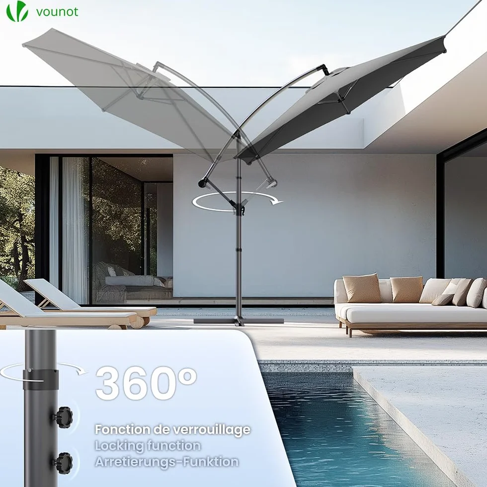 Vounot Parasol déporté hexagonale 3M avec manivelle anti-retour toile 180 gr/m2 protection UV gris