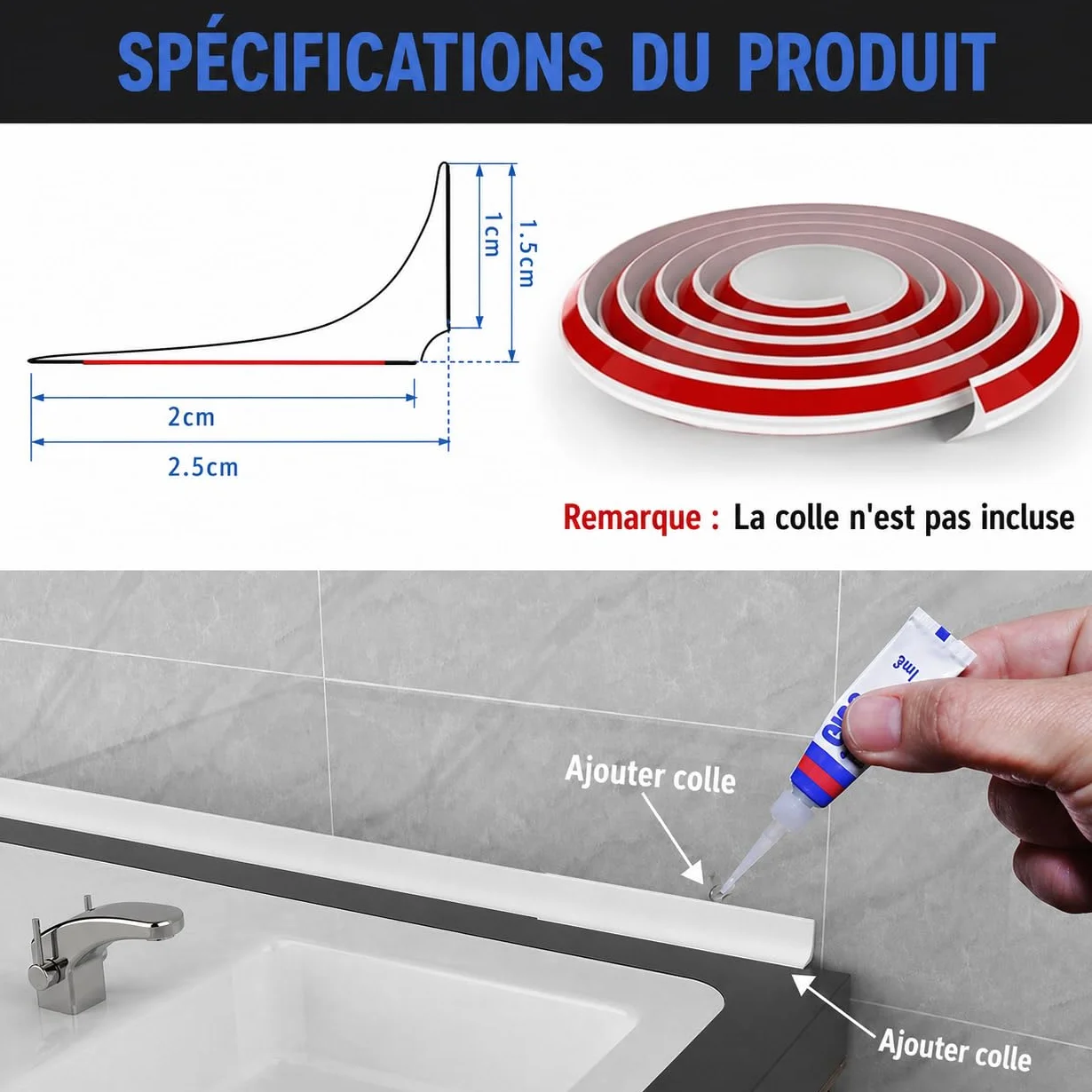 2M Bande d'étanchéité Silicone Pliable Barrage d'eau Seuil de Douche Joint Douche Barriere de Douche Retenue d'eau Anti Débordement pour Salle de Bain Evier Cuisine,25x15mm Blanc(Deux Côtés Adhésifs)