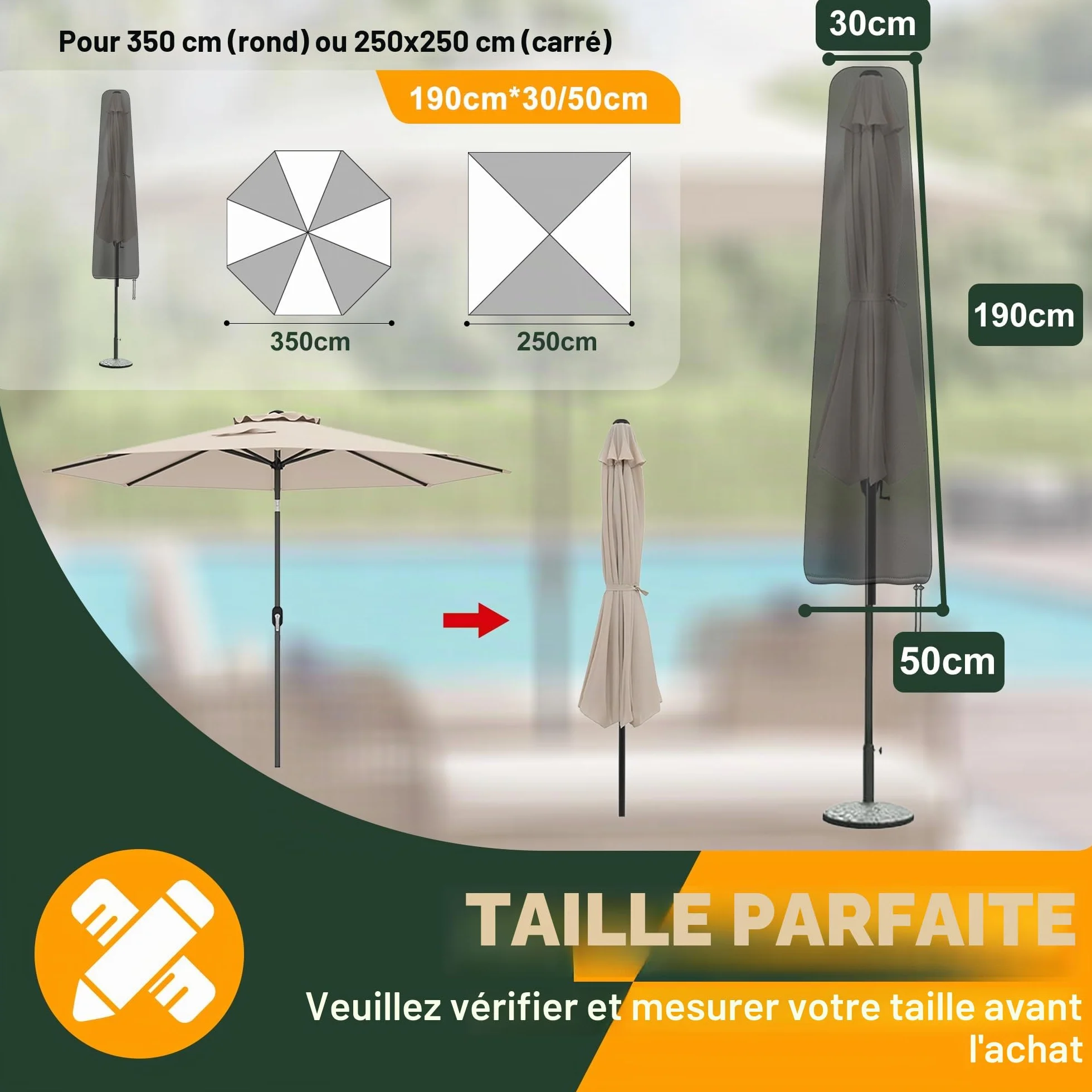 Enzeno Housse Parasol Droit Tissu Oxford 420D Imperméable 190x30/40/50 cm Noir Fermeture éclair