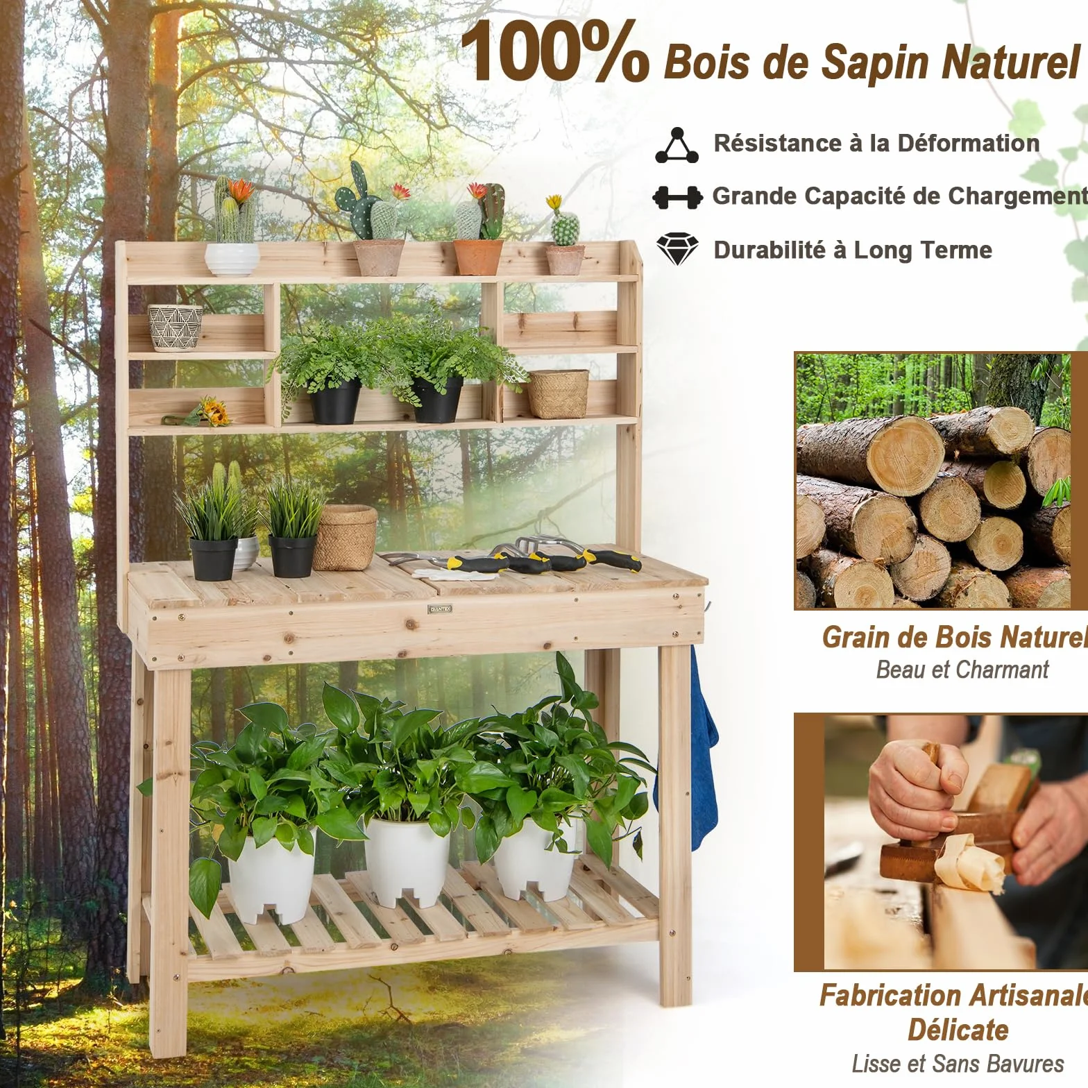 GOPLUS Table de Rempotage en Bois Plateau Ouvrable, Jardinage avec Étagères, Crochets et Tiroir, Charge 150 KG, 110 x 50 x 153 CM