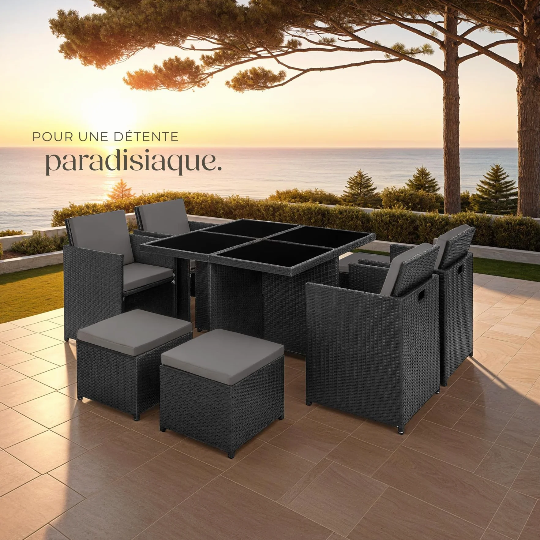 tectake Salon de Jardin Extérieur 8 Places Table en Poly Rotin Structure Aluminium Noir