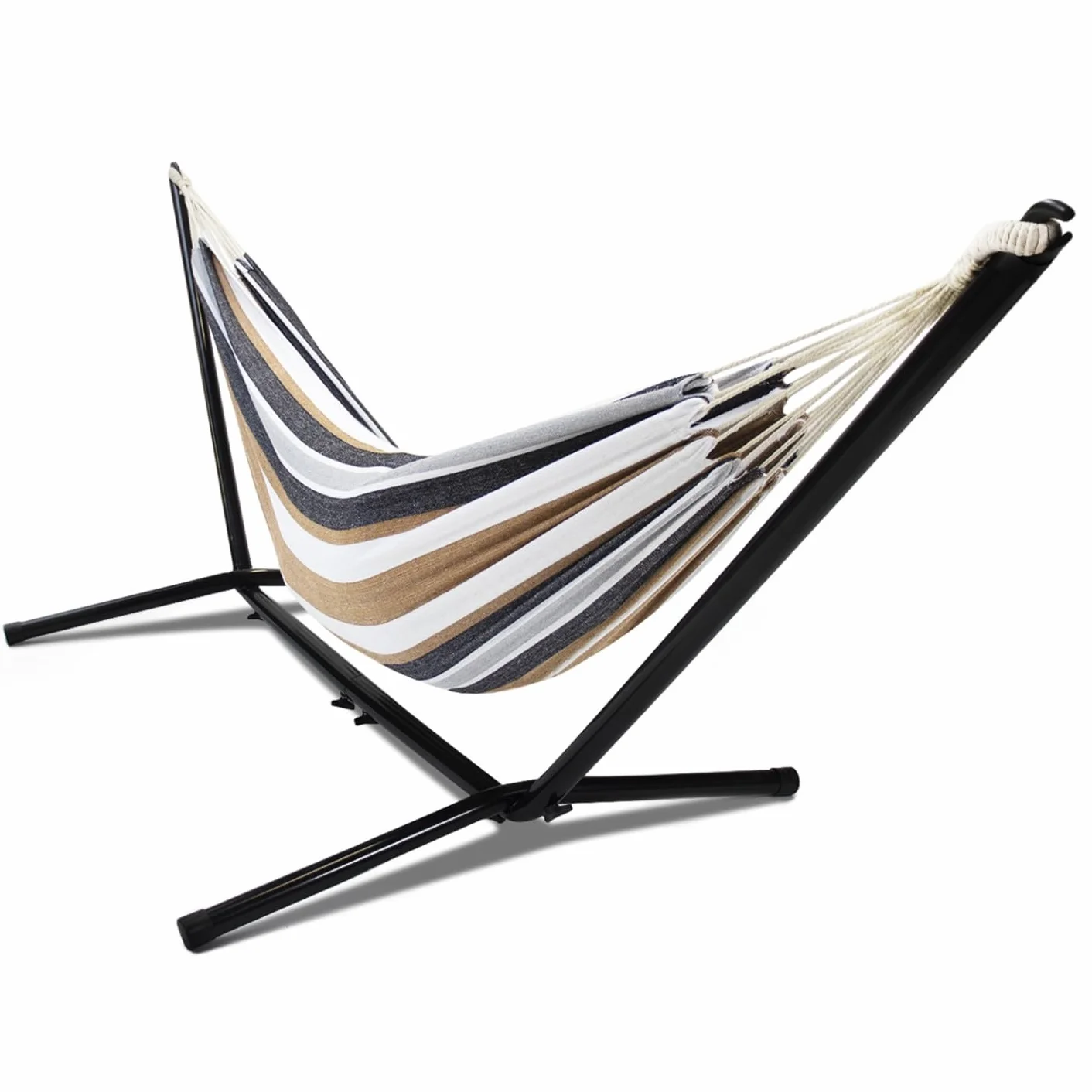 Hamac avec Support métal Noir et Toile rayée Noire, Blanche et Chocolat