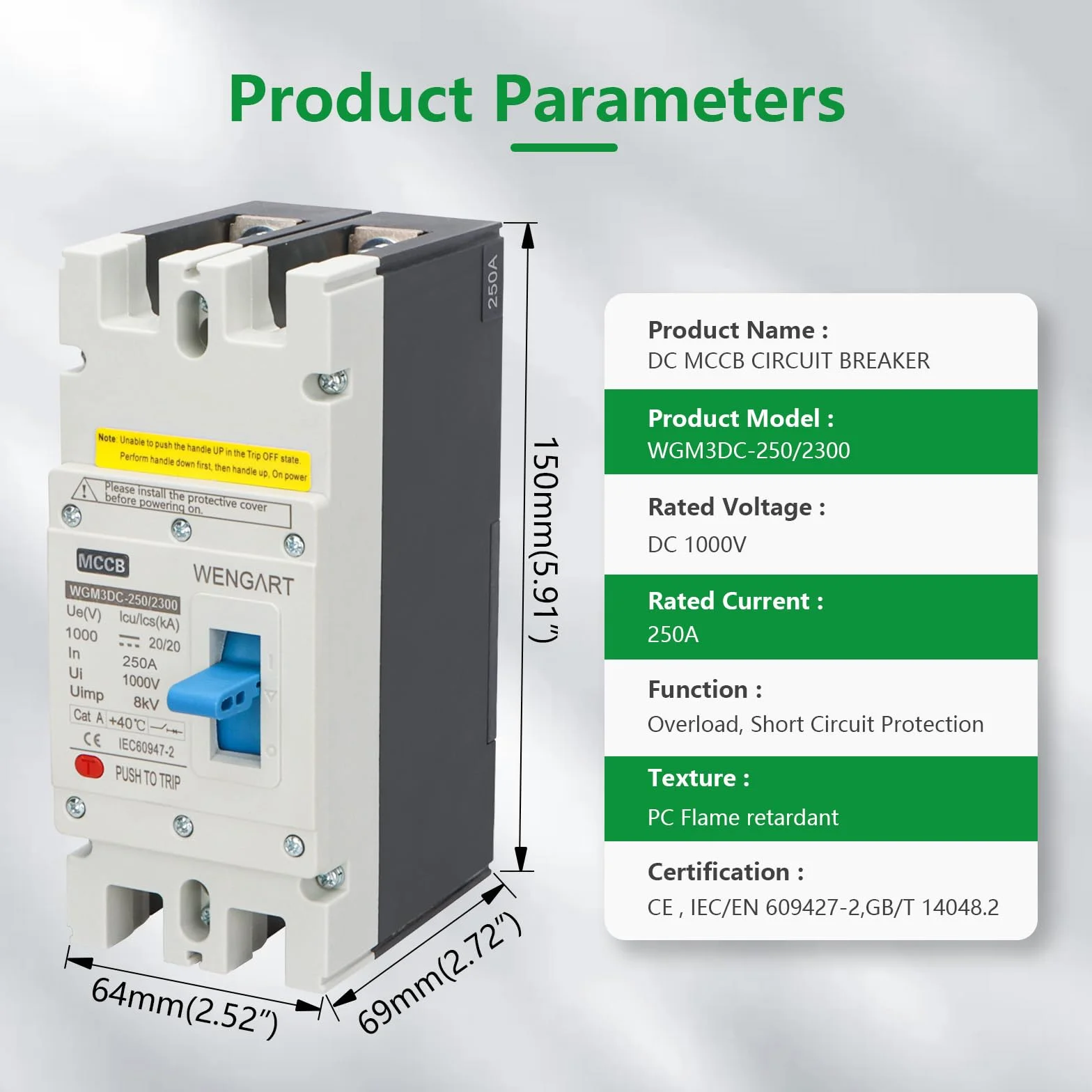 Wengart Disjoncteur Boîtier Moulé DC 250A - WGM3DC-250 - DC 1000V (2 Pôles) - Haute Performance pour Systèmes Photovoltaïques et Réseaux Ferroviaires - Pouvoir de Coupure Renforcé