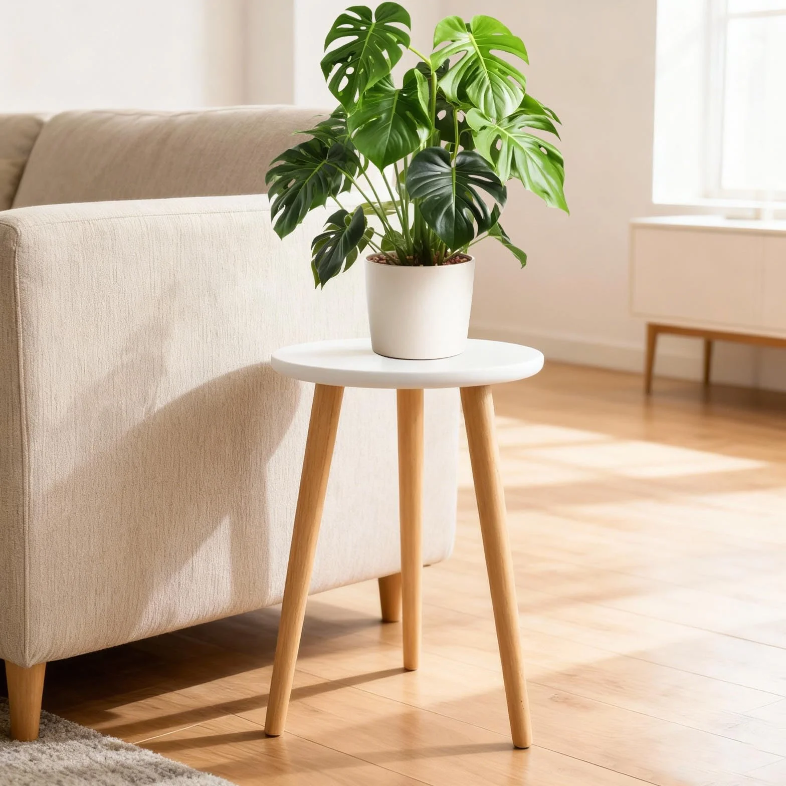 Support de Plantes en Bois Blanc Tabouret Rond pour Pots de Fleurs 42x28cm