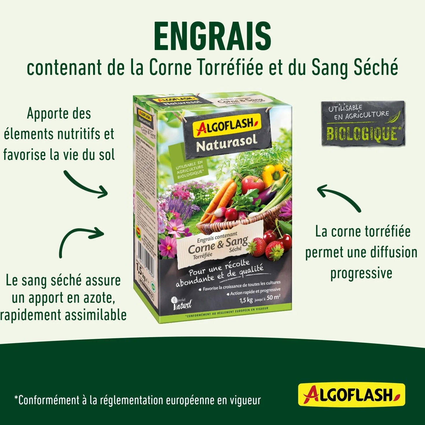 ALGOFLASH NATURASOL Engrais Corne torréfiée Sang Séché 1.5 kg 50m²