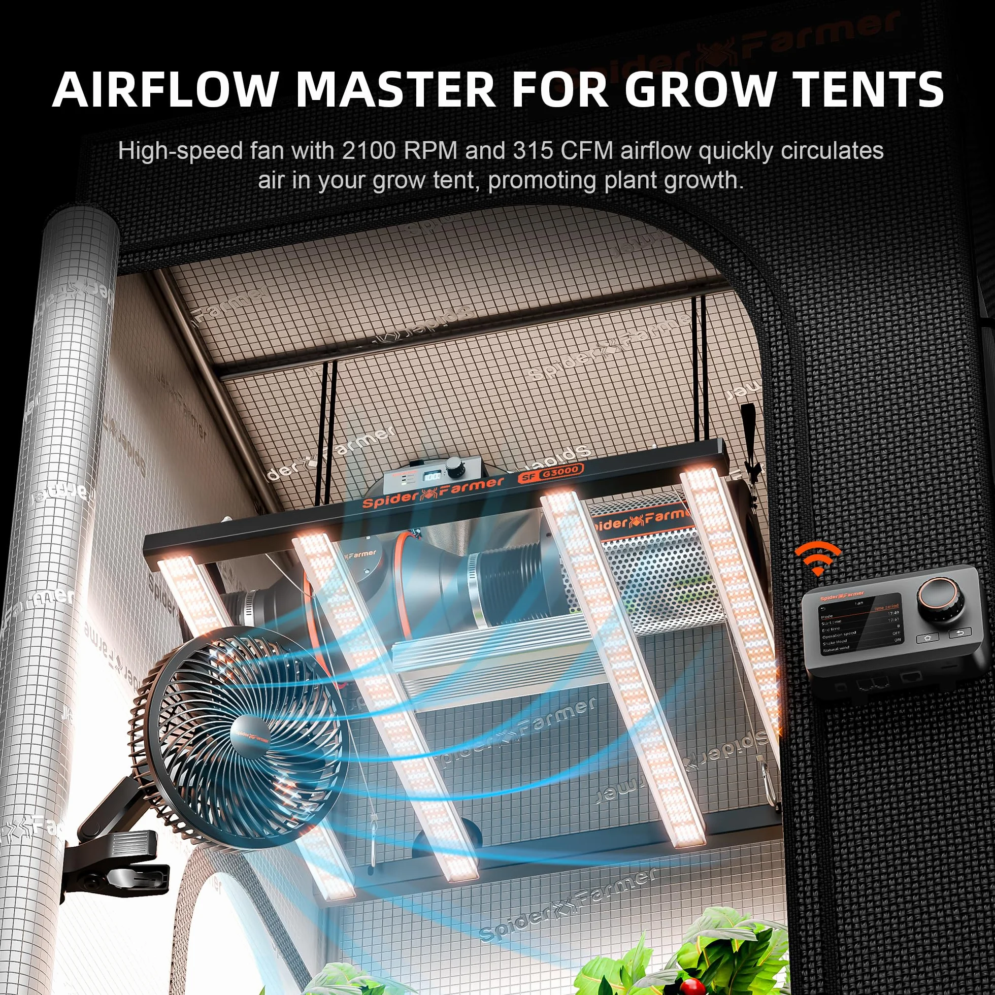Spider Farmer Ventilateur Clipable 8W 10 Vitesses Contrôle par App Moteur EC IP54 Oscillant pour Tente de Culture