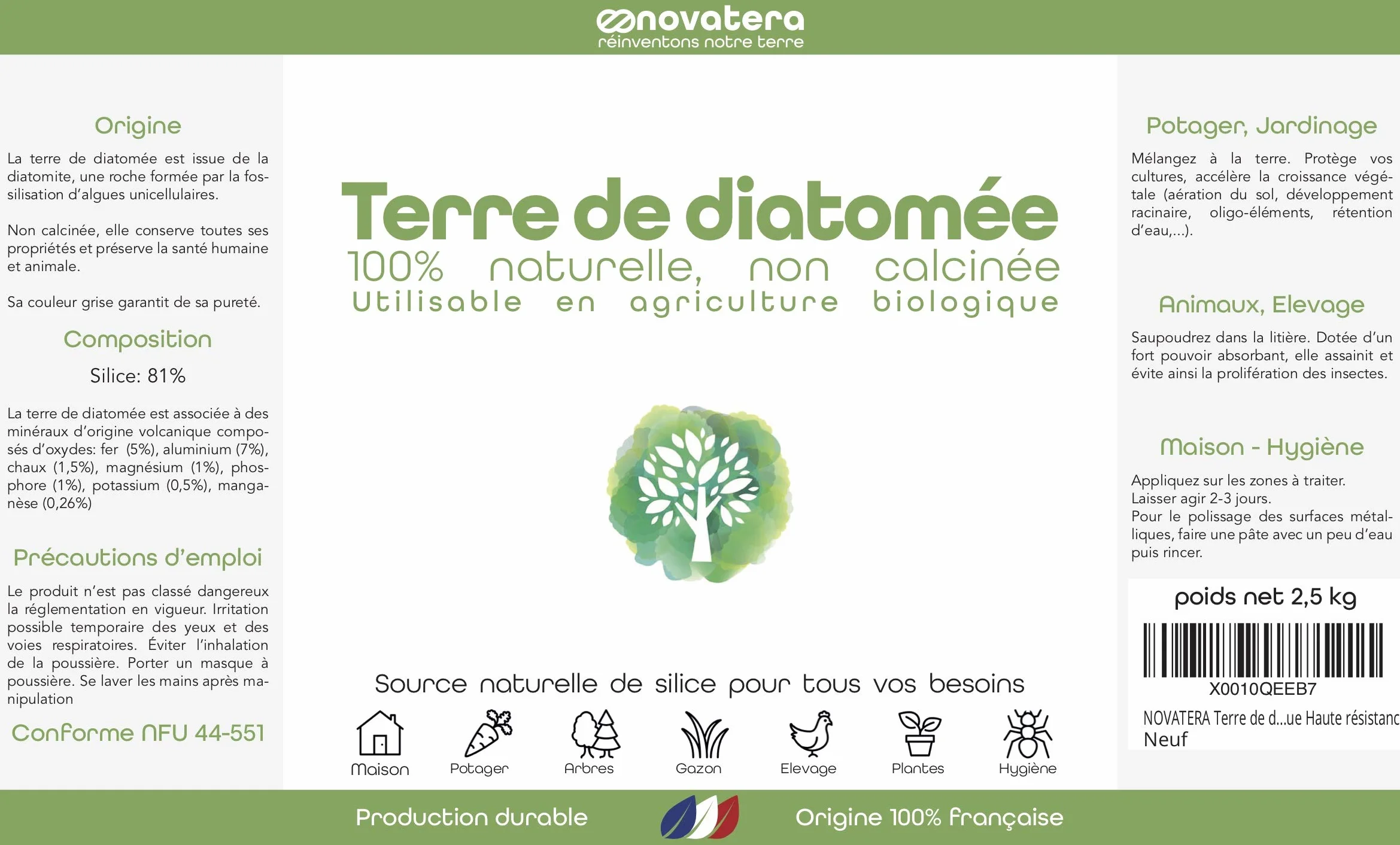 NOVATERA Terre de Diatomée 100% Naturelle Française Ultrapure Non Calcinée Ecocert 2,5kg