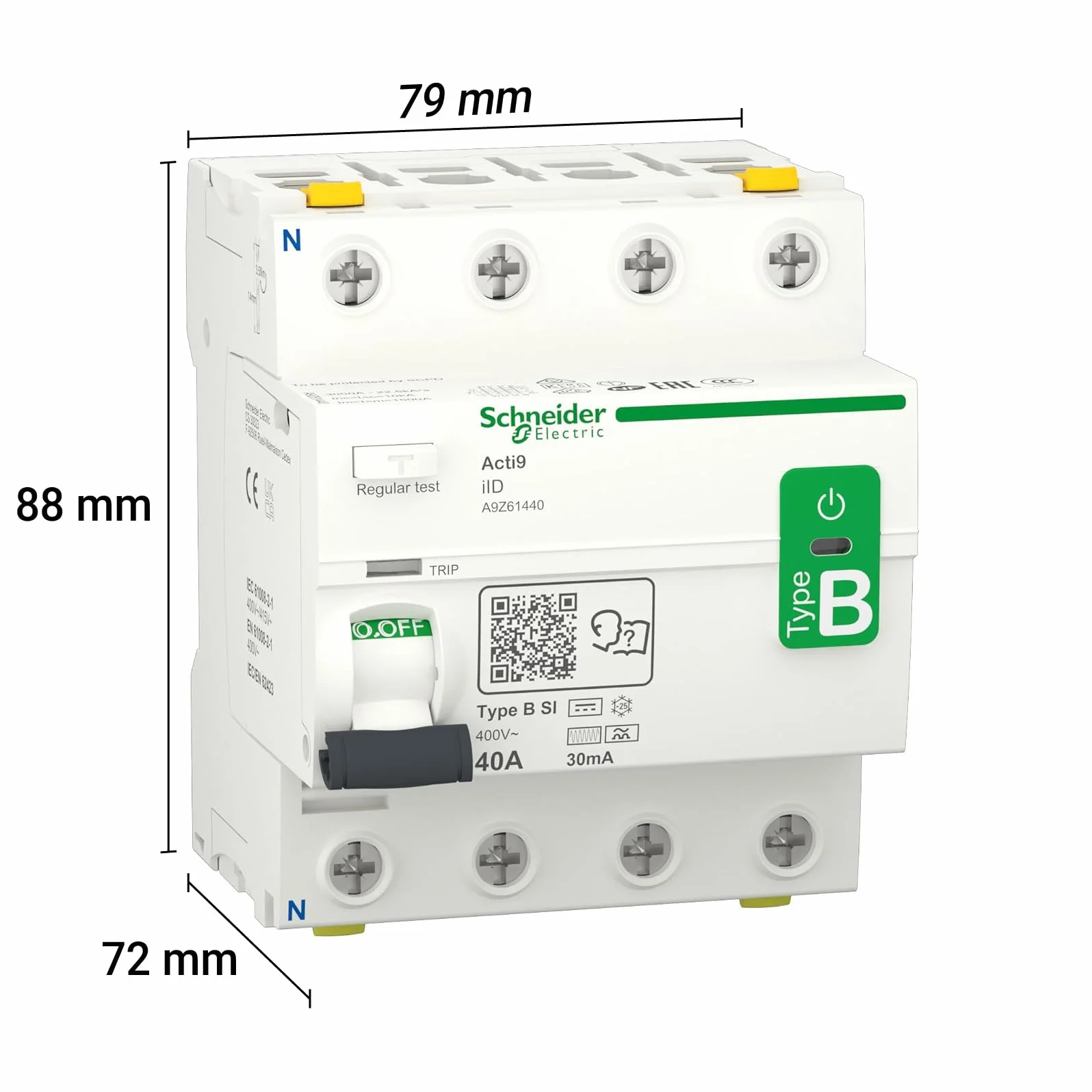 Schneider Electric - Acti9 iID - interrupteur différentiel - 4P - 40A - 30mA - type B - SI - 400V - A9Z61440