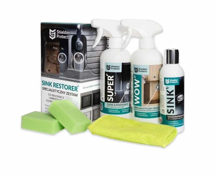 Shieldon Protects Kit de Rénovation pour Éviers en Granit et Composite - Nettoyant Pierre Naturelle, Anti-Calcaire et Imperméabilisant Hydrofuge pour Pierre Cuisine - Avec 2 Éponges et Chiffon