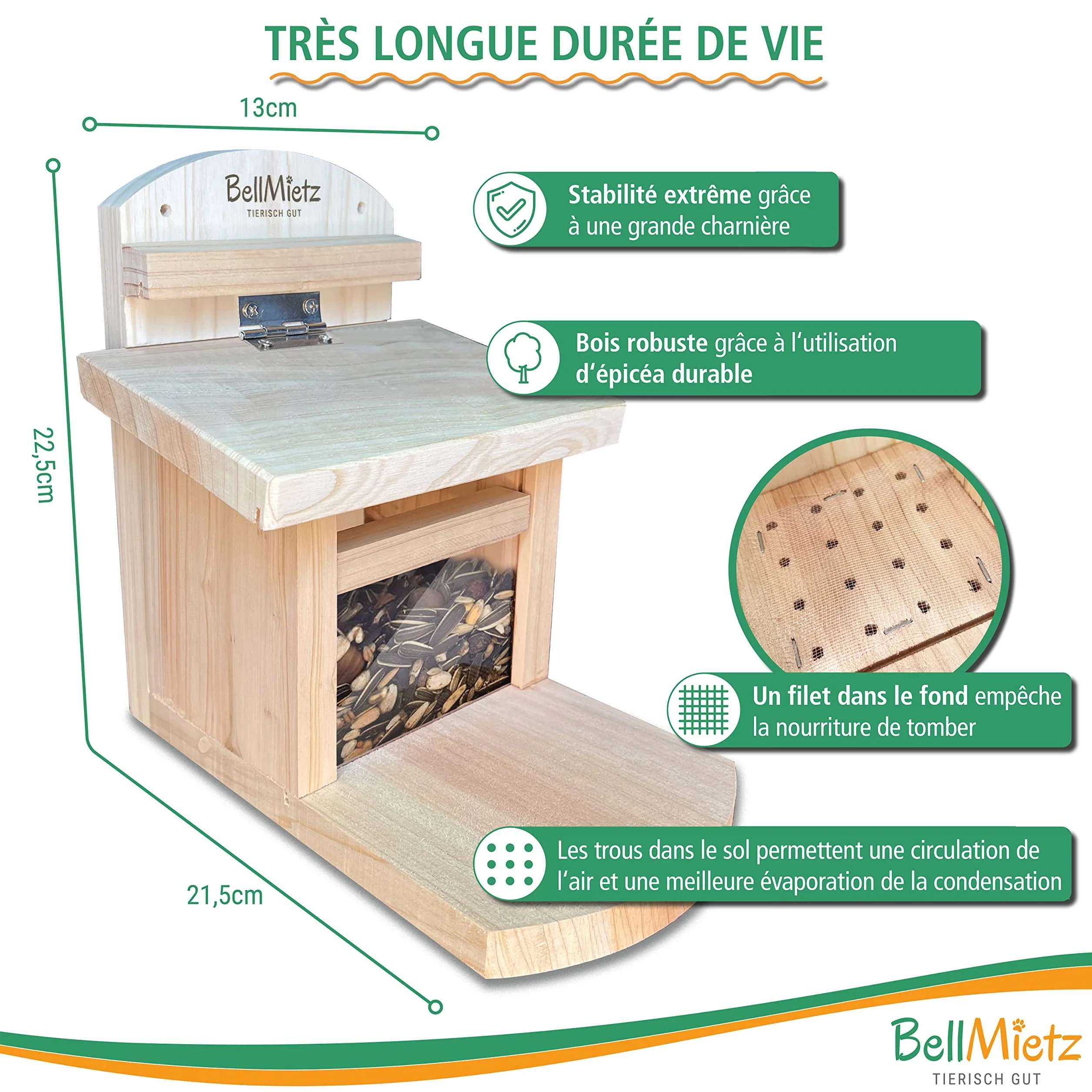 Mangeoire pour écureuils en bois certifié FSC avec système de ventilation innovant résistante aux intempéries