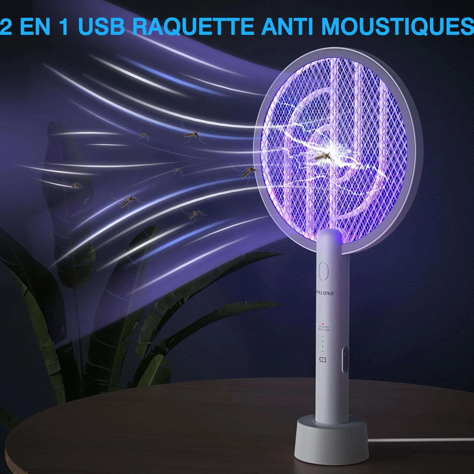 PALONE Raquette Electrique Insectes 4000V Rechargeable USB Anti Moustique Intérieur Extérieur Blanc
