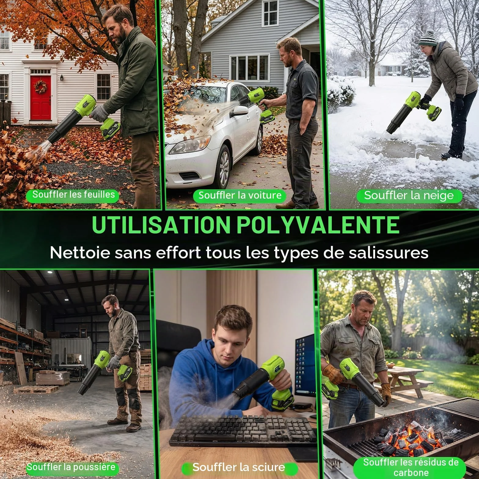 Souffleur à feuilles sans fil 21 V 4000 mAh avec 2 batteries et chargeur