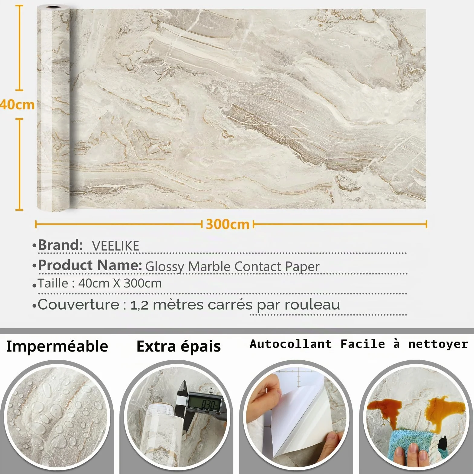 VEELIKE Papier Peint Marbre Beige Epais Papier Adhesif Marbre Vinyle Adhesif Cuisine Lavable Papiers Peints Adhesif Mural Salon Stickers Muraux Salle de Bain Autocollant Meuble 40cm × 300cm