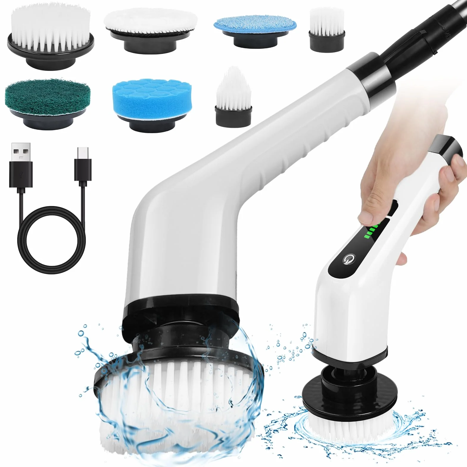OSDUE Electrique Nettoyage Rotative, Brosse de Nettoyage Electrique, sans Fil avec 7 Têtes Brosse, Remplaçables Poignée d'extension Réglable, pour Salle Bain Cuisine Electric Spin Scrubber