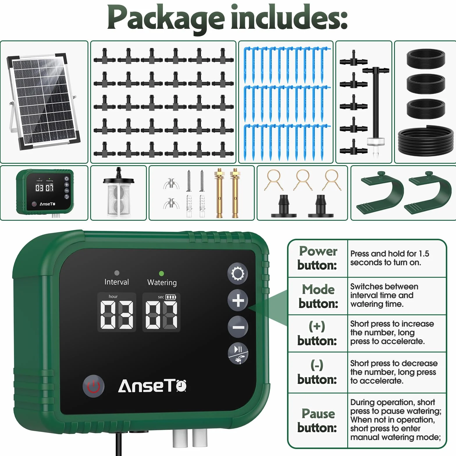 Kit Arrosage Goutte à Goutte Solaire 8 W avec Minuterie Intégrée, Tuyau 35M et 30 Goutteurs pour Jardin