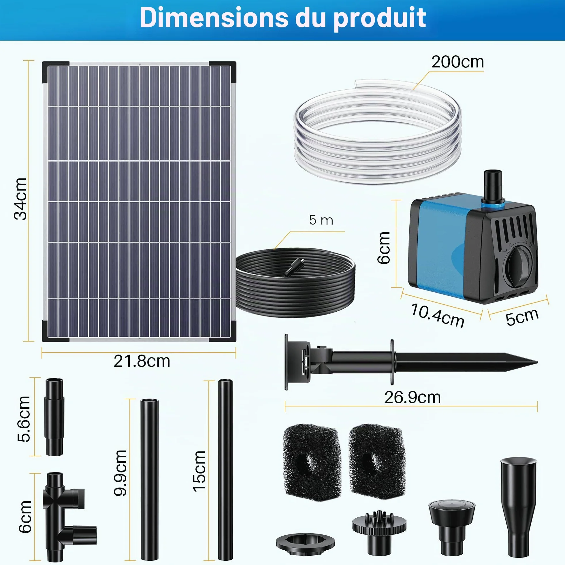 Pompe solaire de bassin 12 W 450 l/h avec 4 buses fontaine extérieure pour jardin