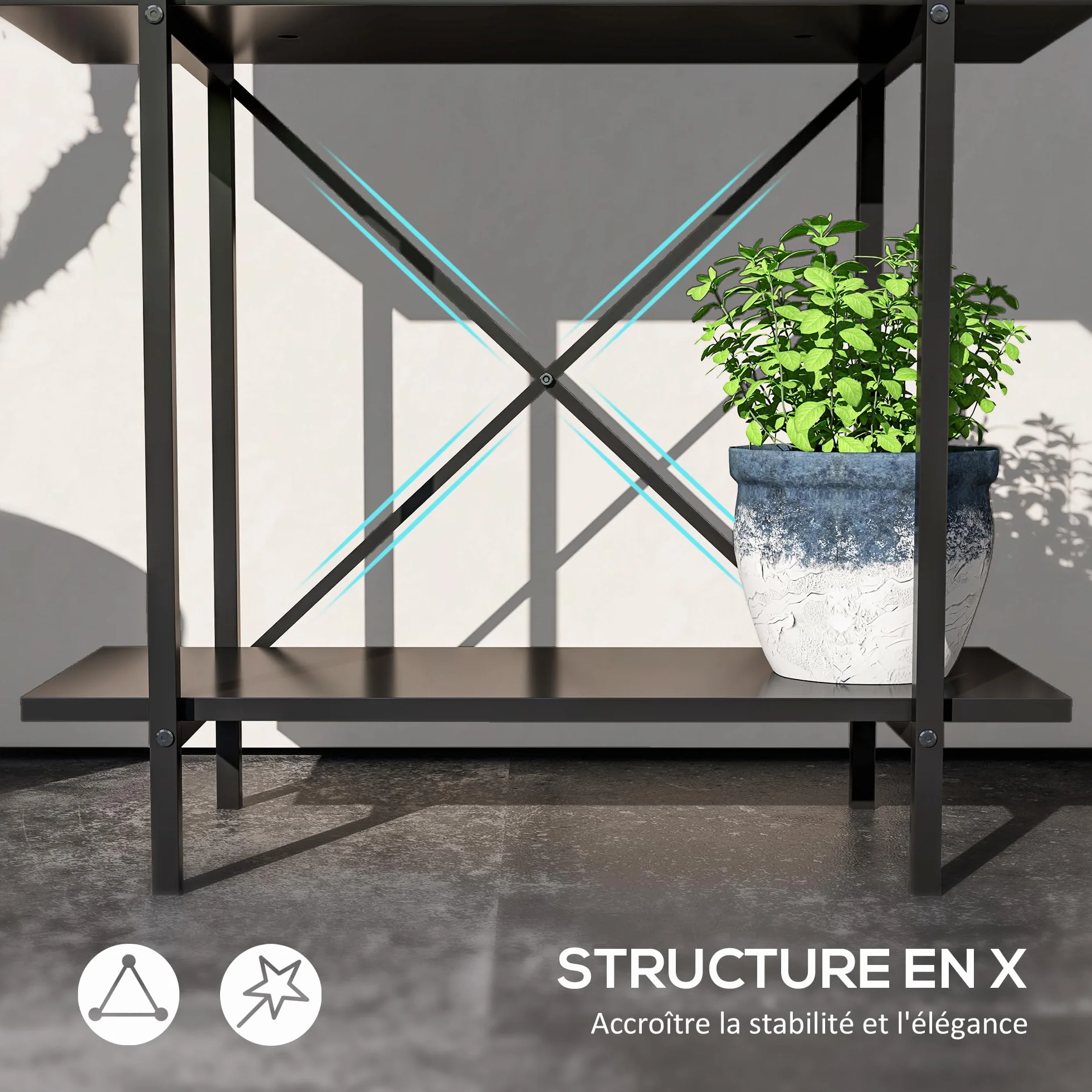 Outsunny Support plantes interieur 2 niveaux, porte plante en métal avec trous de drainage, noir