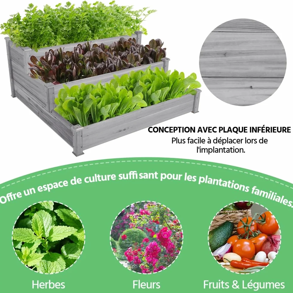 Yaheetech Carré à Plantes en Bois 120 x 120 x 56 cm Potager Surélevé 3 Étages